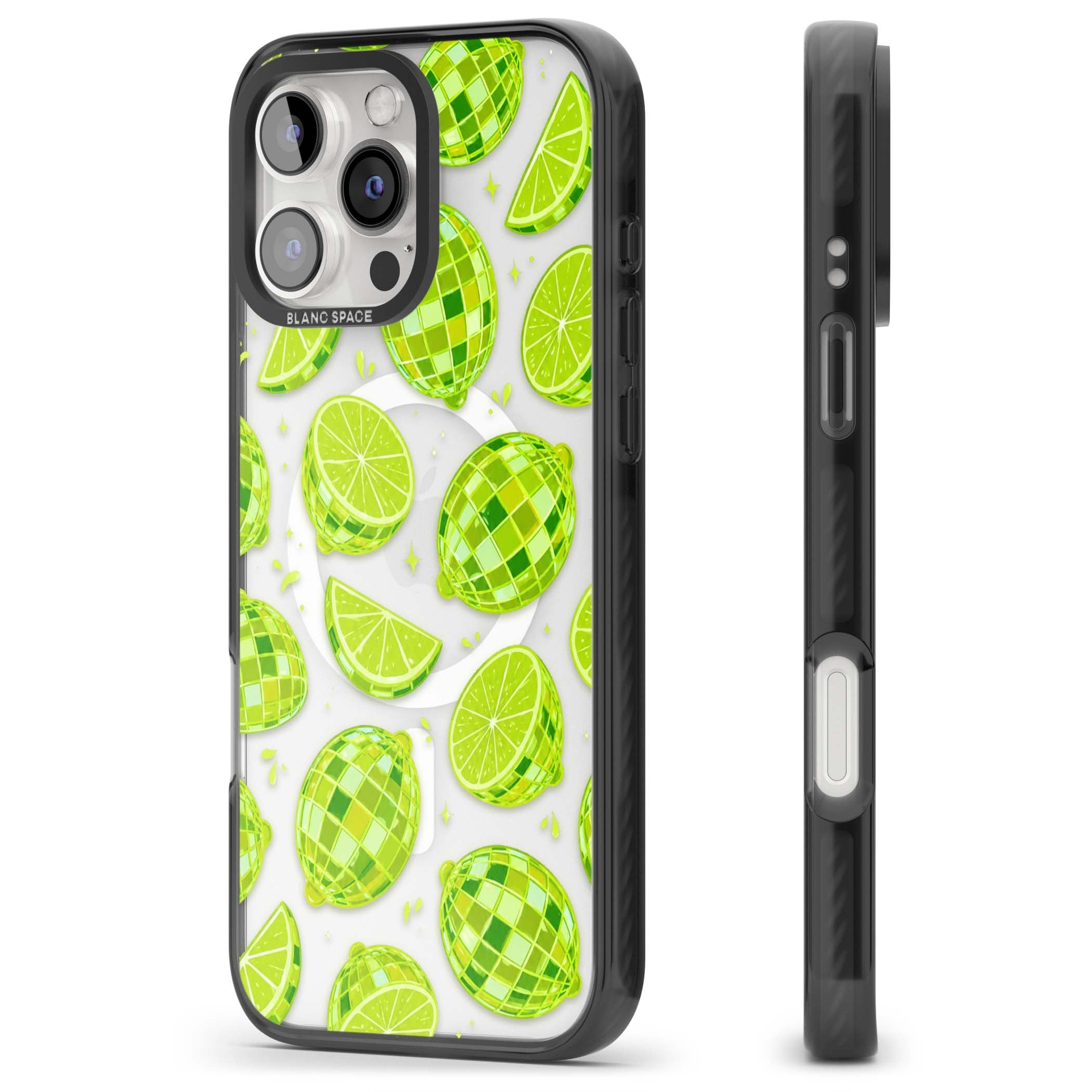 Disco Limes fruit aesthetic iPhone case featuring green disco balls, lime slices and citrus sparkles | Black Impact Magsafe case for iPhone 16 Pro, iPhone 16 Pro Max