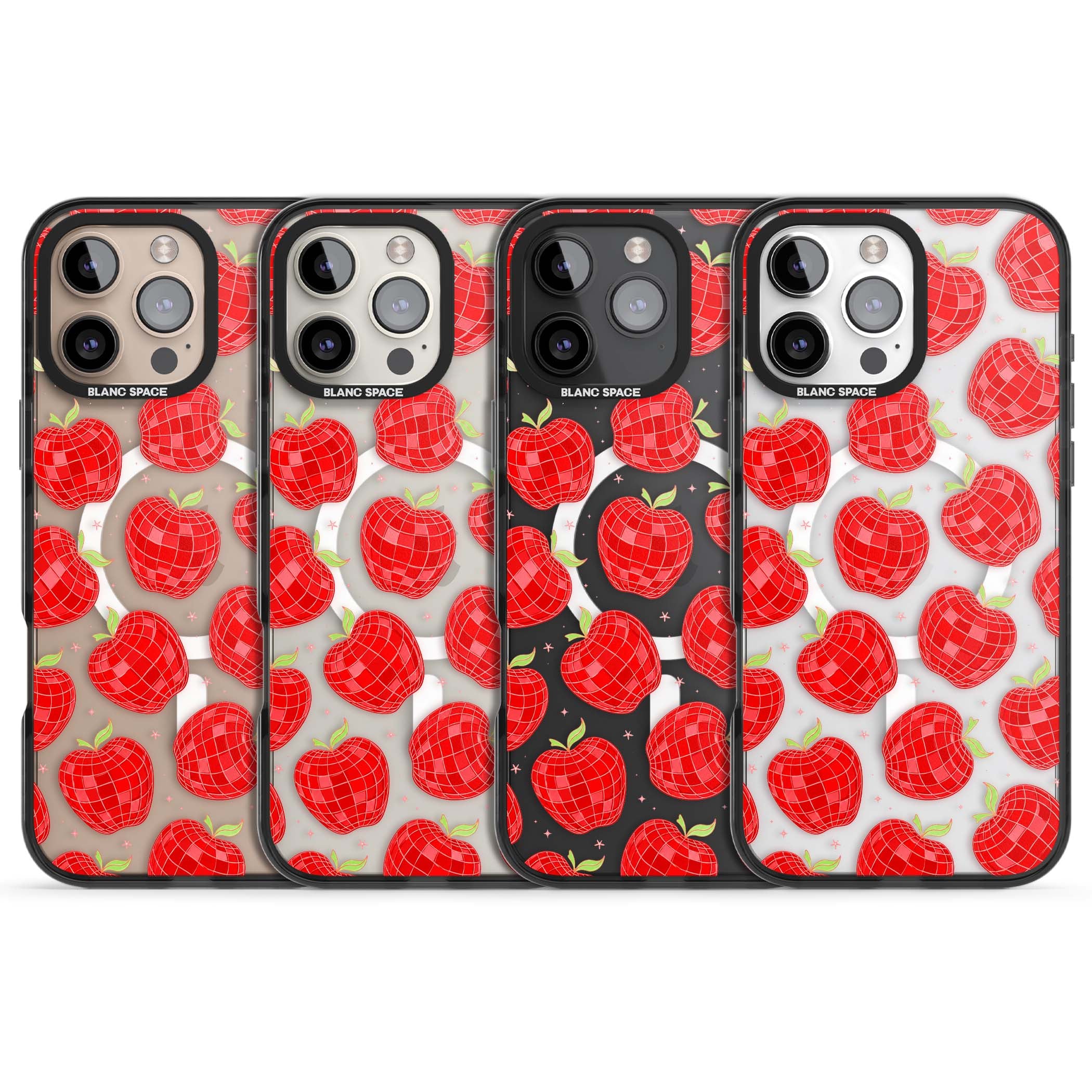 Disco Apples Y2K iPhone case featuring red disco ball apples, green leaves and pink sparkles on clear | Black Impact Magsafe case for iPhone 16 Pro, iPhone 16 Pro Max