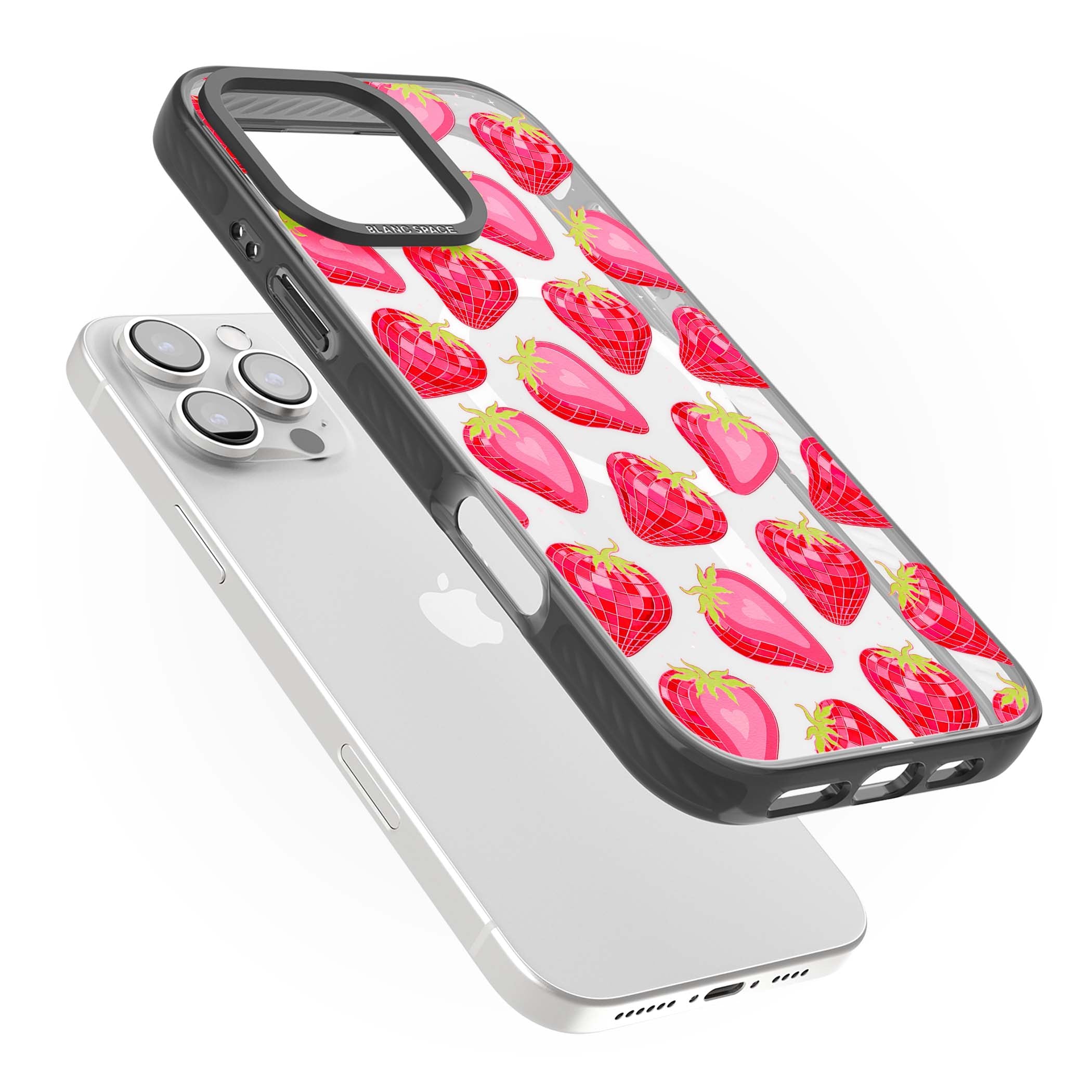 Disco Strawberry Y2K iPhone case featuring pink disco-ball strawberries, green leaves and tiny sparkles | Black Impact Magsafe case for iPhone 16 Pro, iPhone 16 Pro Max