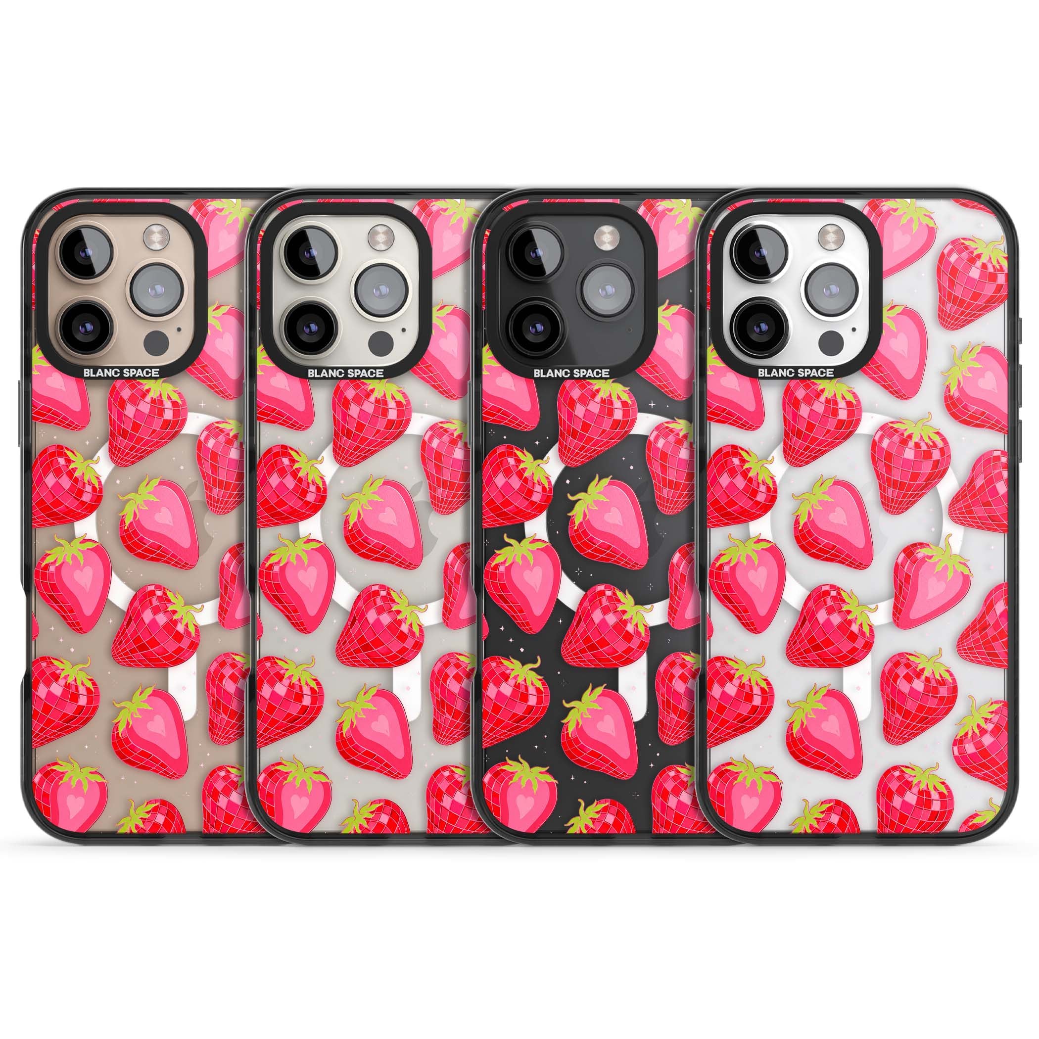 Disco Strawberry Y2K iPhone case featuring pink disco-ball strawberries, green leaves and tiny sparkles | Black Impact Magsafe case for iPhone 16 Pro, iPhone 16 Pro Max