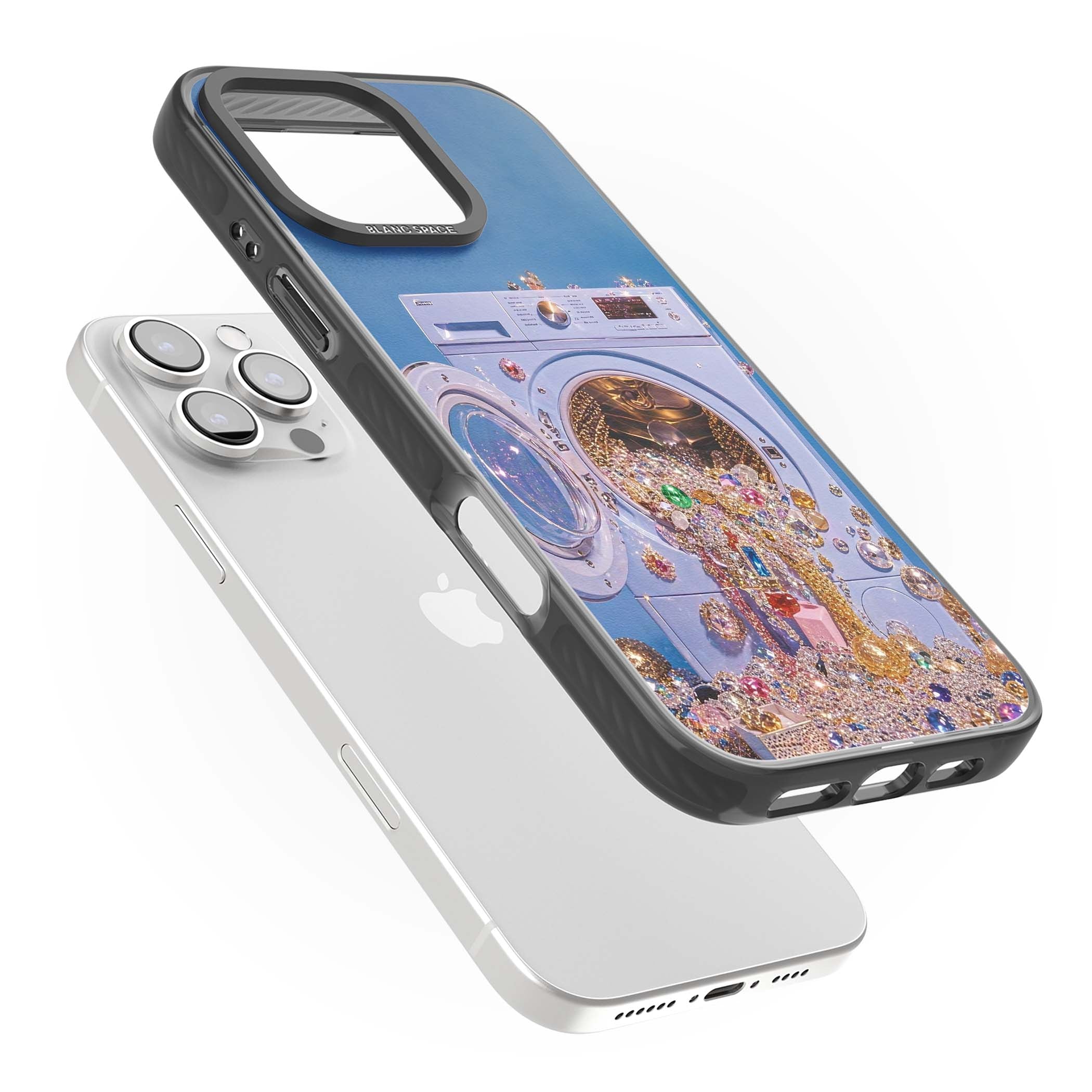 Gem Laundry baddie iPhone case featuring a surreal washing machine overflowing with colourful gemstones and crystals | Black Impact Magsafe case for iPhone 16 Pro, iPhone 16 Pro Max
