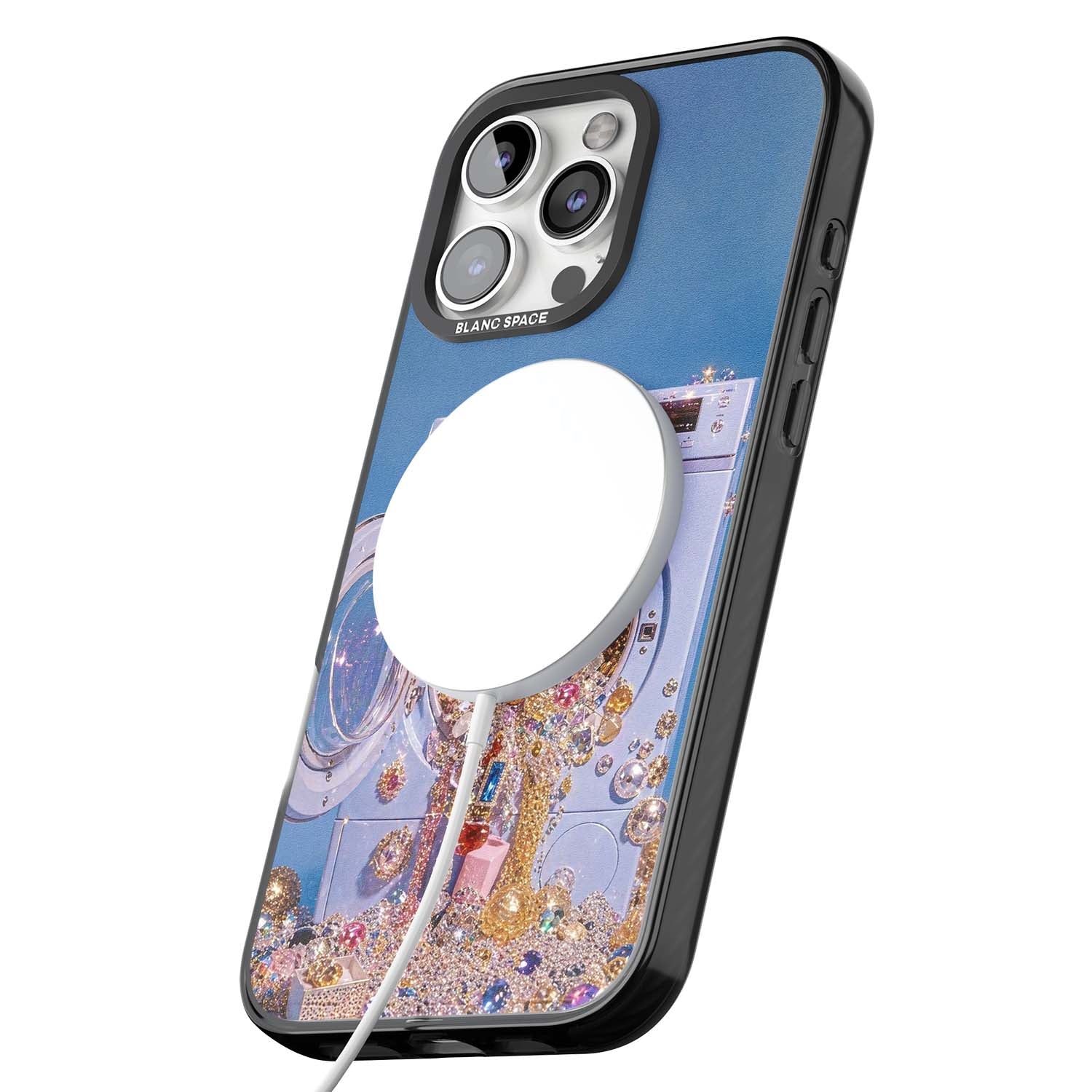 Gem Laundry baddie iPhone case featuring a surreal washing machine overflowing with colourful gemstones and crystals | Black Impact Magsafe case for iPhone 16 Pro, iPhone 16 Pro Max
