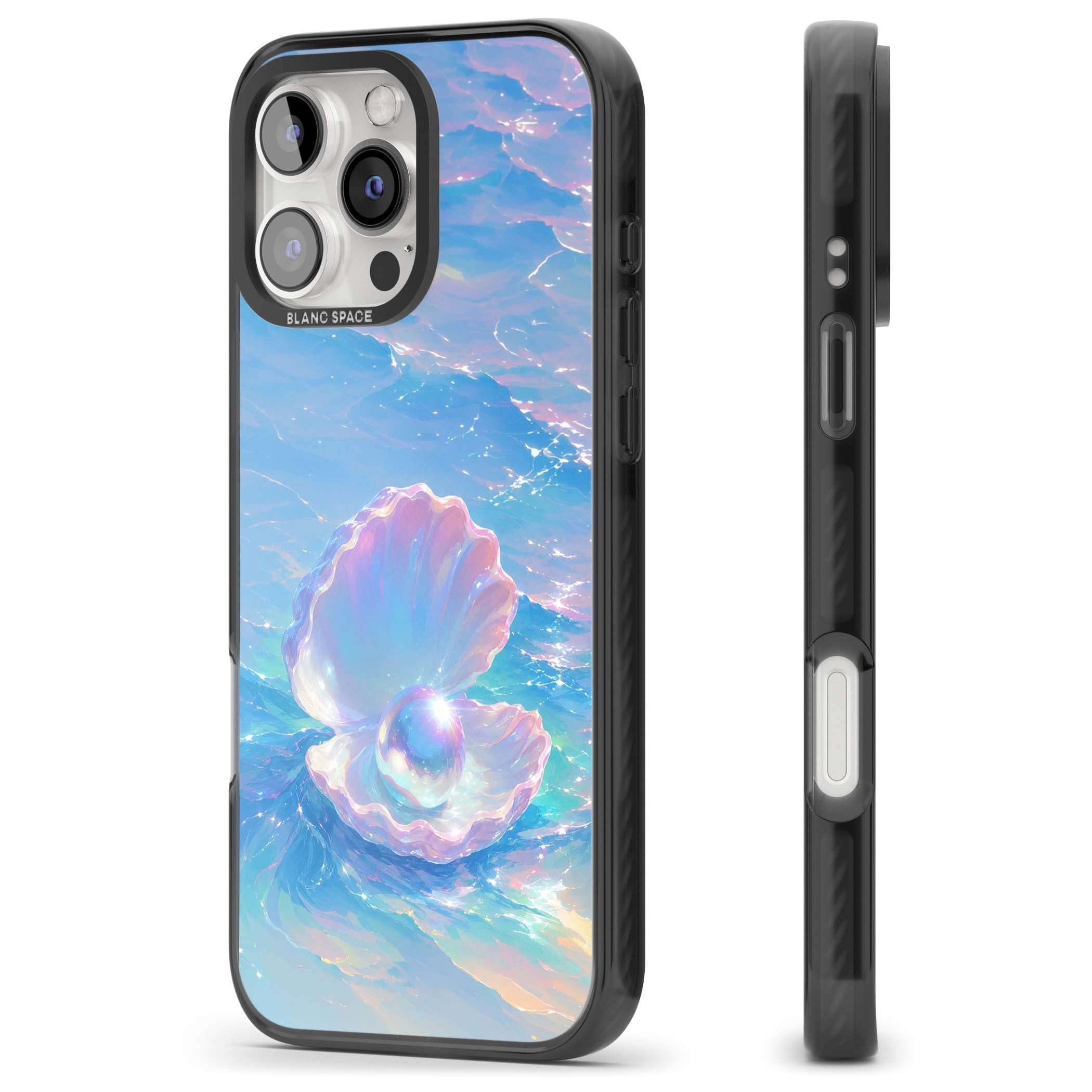 The Pearl Clam mermaidcore iPhone case featuring iridescent seashell, glowing pearl and pastel ocean waves | Black Impact Magsafe case for iPhone 16 Pro, iPhone 16 Pro Max