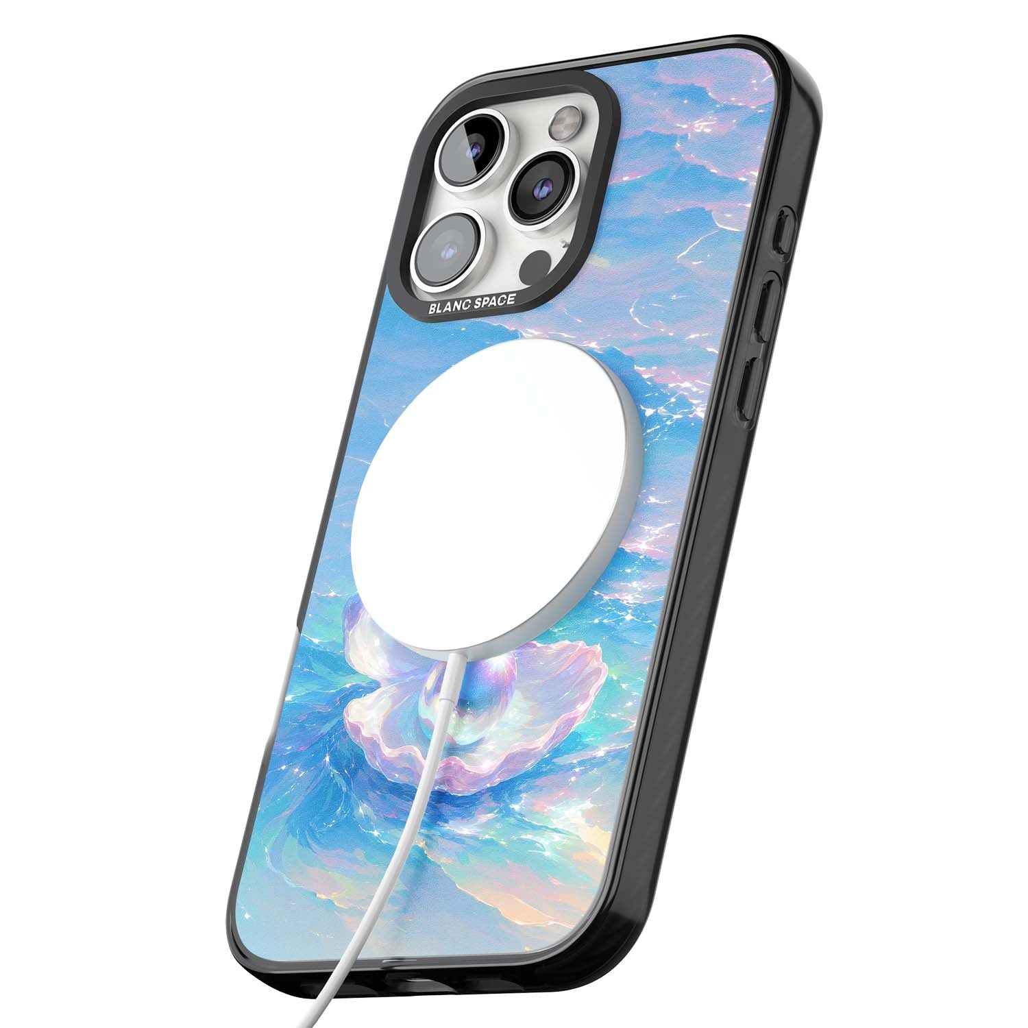 The Pearl Clam mermaidcore iPhone case featuring iridescent seashell, glowing pearl and pastel ocean waves | Black Impact Magsafe case for iPhone 16 Pro, iPhone 16 Pro Max