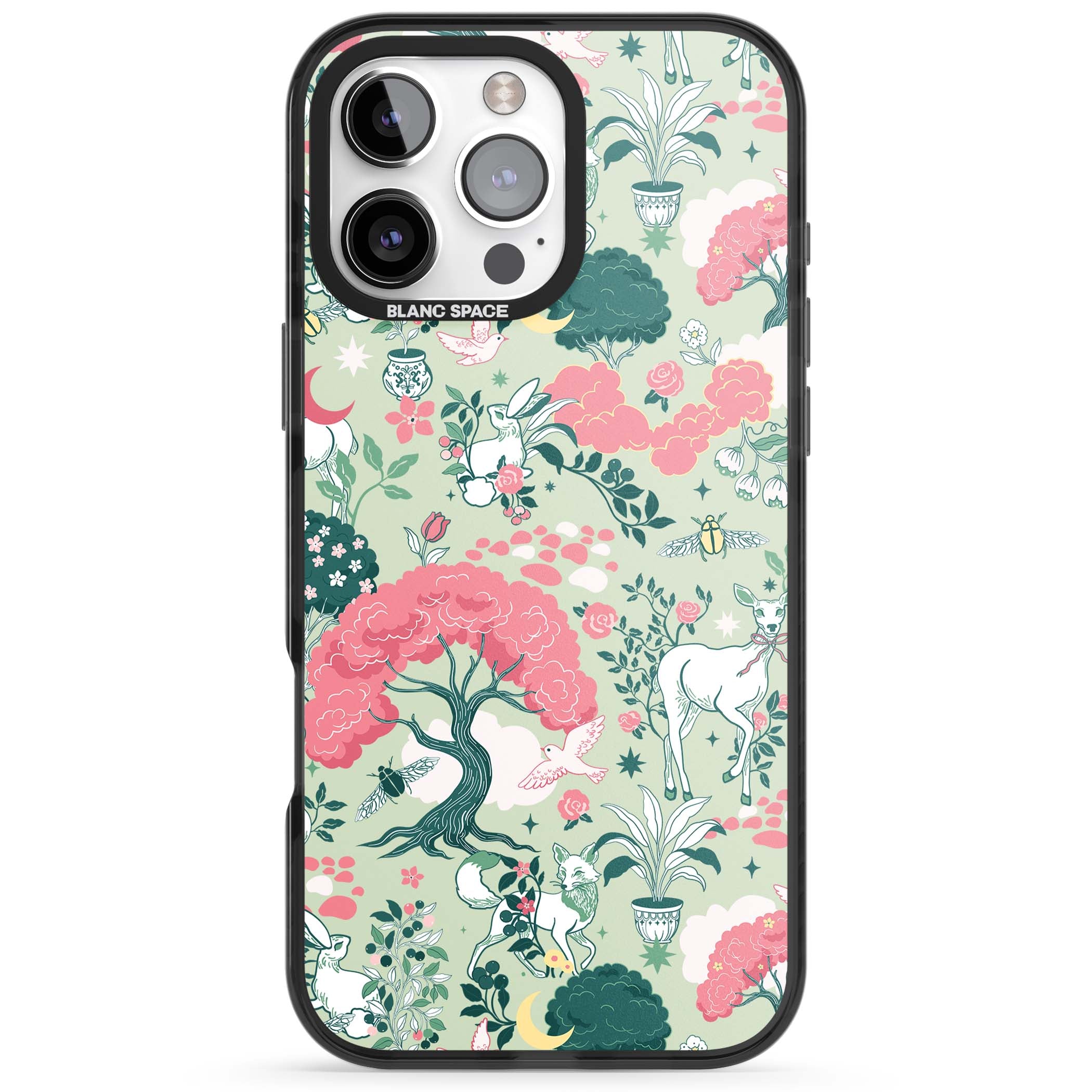 Enchanted Woodland cottagecore iPhone case featuring white deer, pink roses, mushrooms and woodland animals on sage green | Black Impact Magsafe case for iPhone 16 Pro, iPhone 16 Pro Max