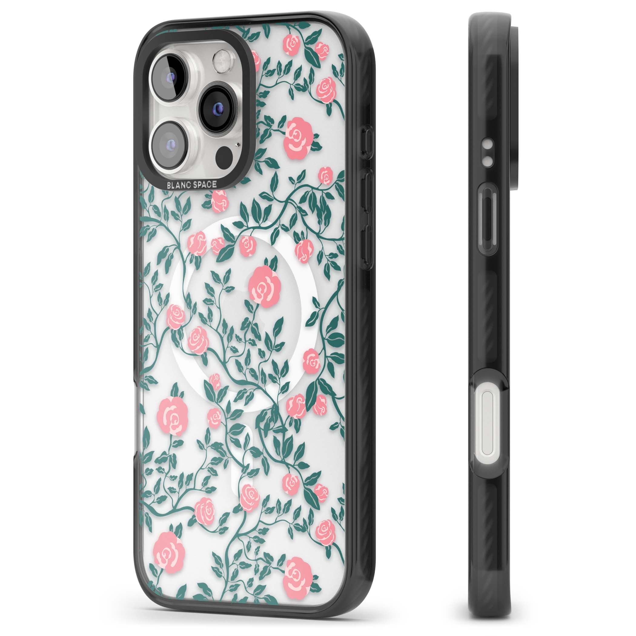 Rose Trellis (Clear) cottagecore iPhone case featuring pink climbing roses and green leaves on clear background | Black Impact Magsafe case for iPhone 16 Pro, iPhone 16 Pro Max