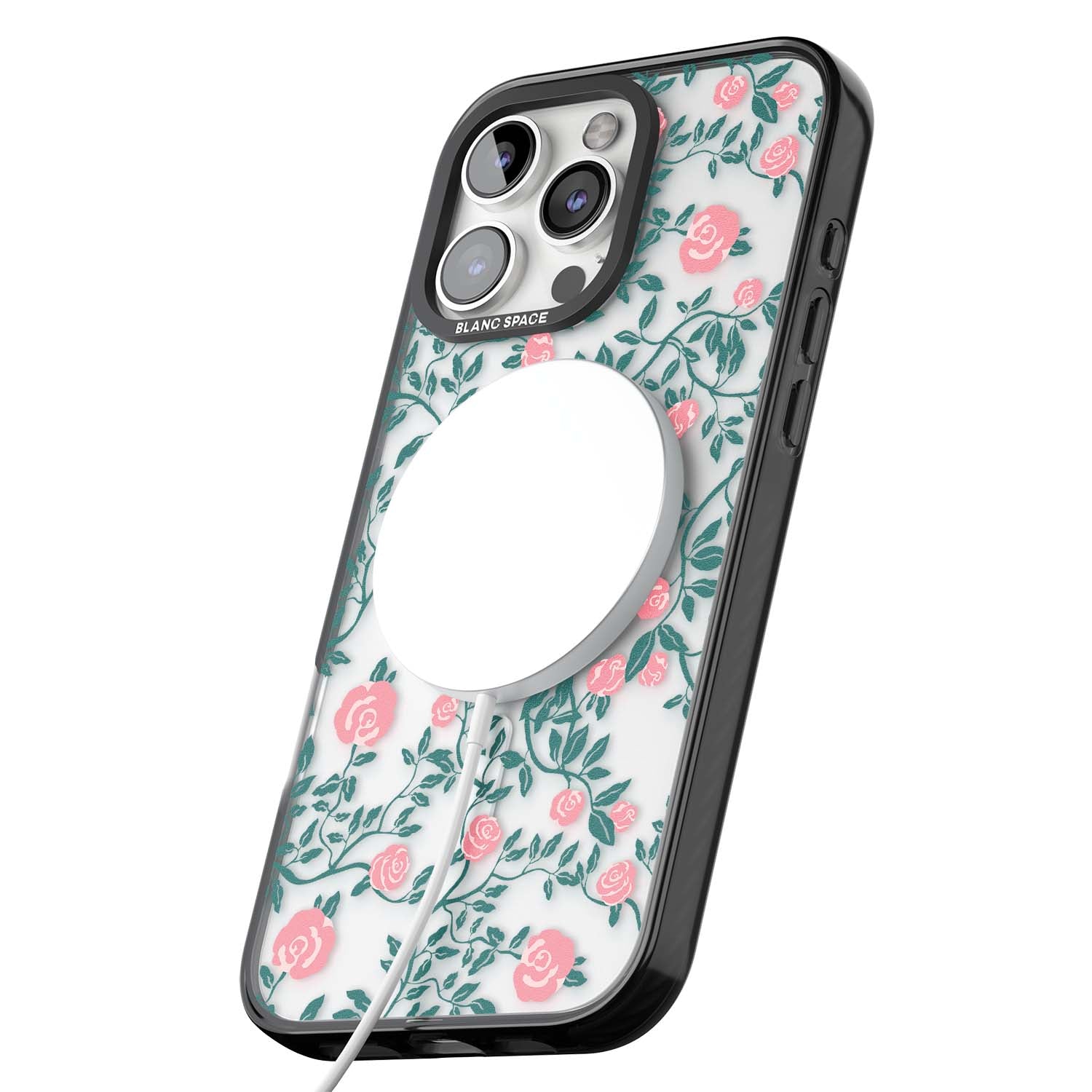 Rose Trellis (Clear) cottagecore iPhone case featuring pink climbing roses and green leaves on clear background | Black Impact Magsafe case for iPhone 16 Pro, iPhone 16 Pro Max