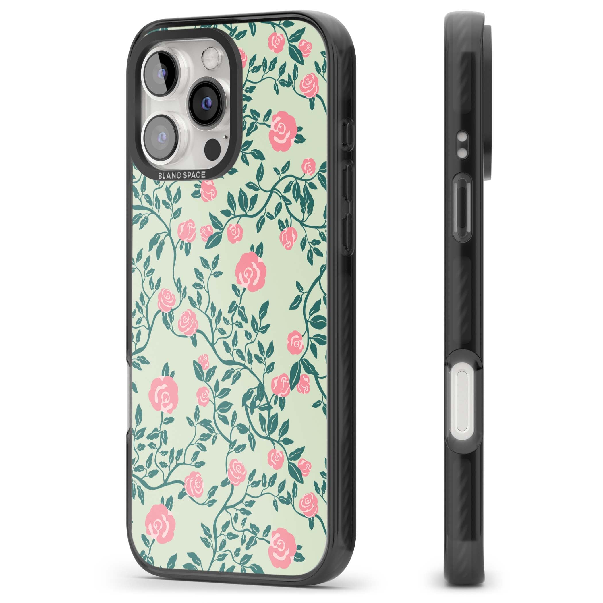 Rose Trellis cottagecore iPhone case featuring pink roses, sage green vines, and mint background | Black Impact Magsafe case for iPhone 16 Pro, iPhone 16 Pro Max