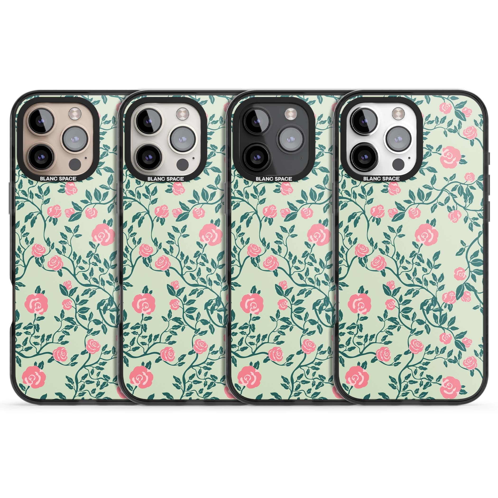 Rose Trellis cottagecore iPhone case featuring pink roses, sage green vines, and mint background | Black Impact Magsafe case for iPhone 16 Pro, iPhone 16 Pro Max