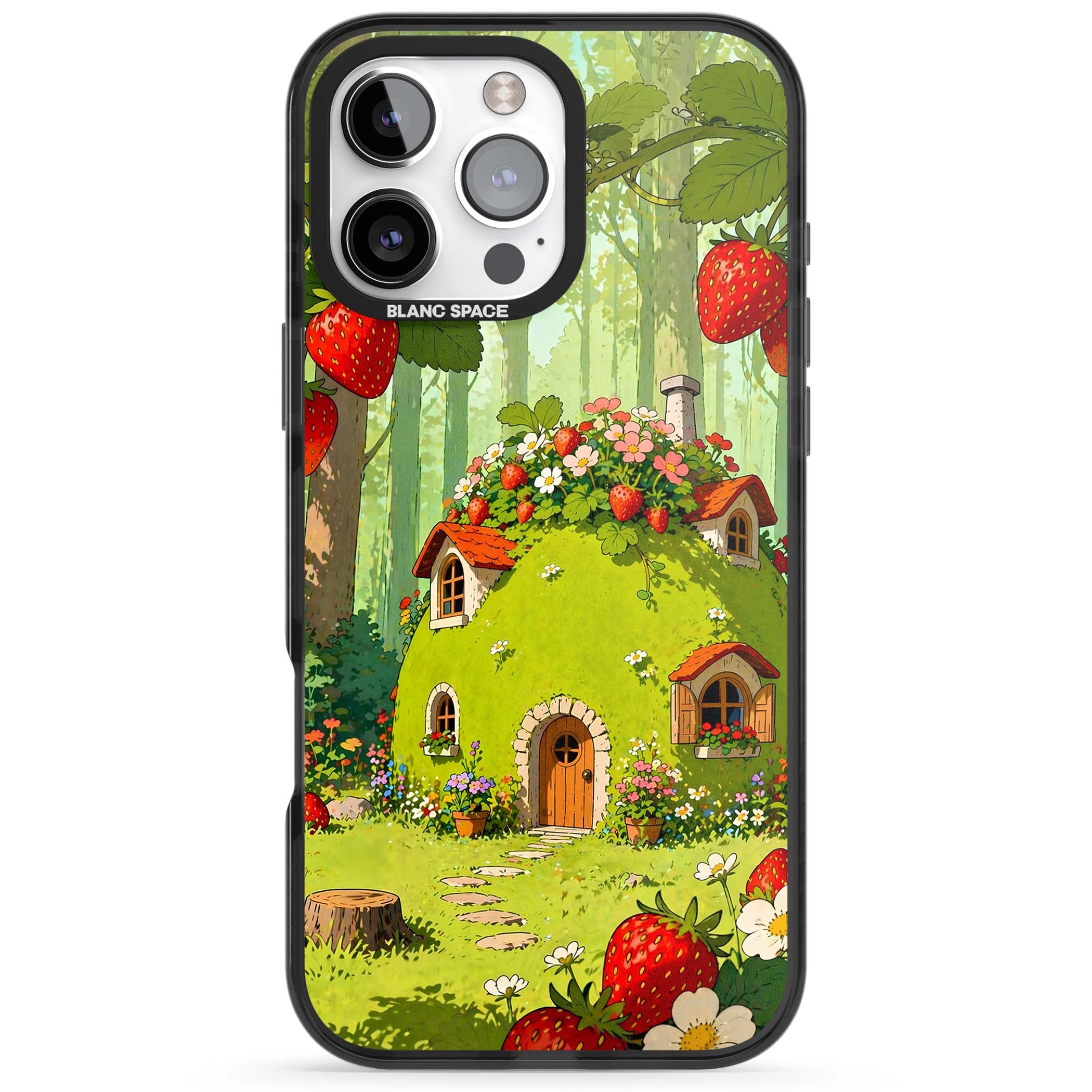 Strawberry Cottage cottagecore iPhone case featuring a green fairy house, wild strawberries and enchanted forest flowers | Black Impact Magsafe case for iPhone 16 Pro, iPhone 16 Pro Max