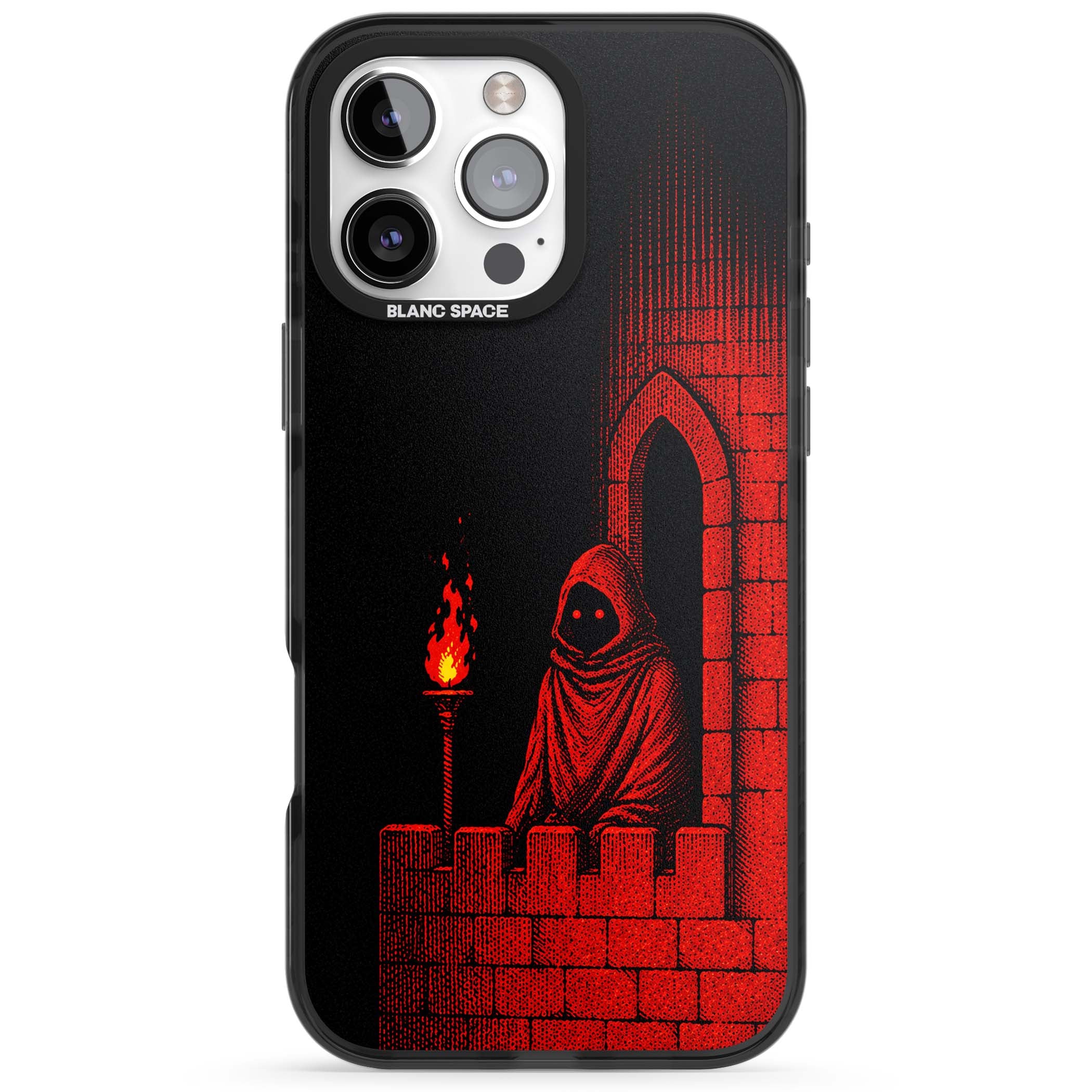 Crimson Crypt gothic iPhone case featuring a hooded reaper, torchlit crypt archway and red halftone horror art | Black Impact Magsafe case for iPhone 16 Pro, iPhone 16 Pro Max