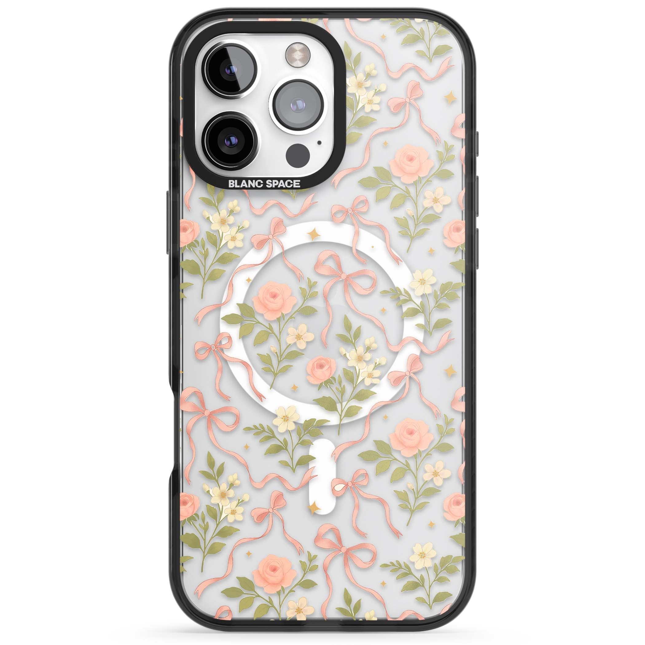 Ribbon Garden coquette iPhone case featuring pink bows, peach roses and wildflowers on white background | Black Impact Magsafe case for iPhone 16 Pro, iPhone 16 Pro Max