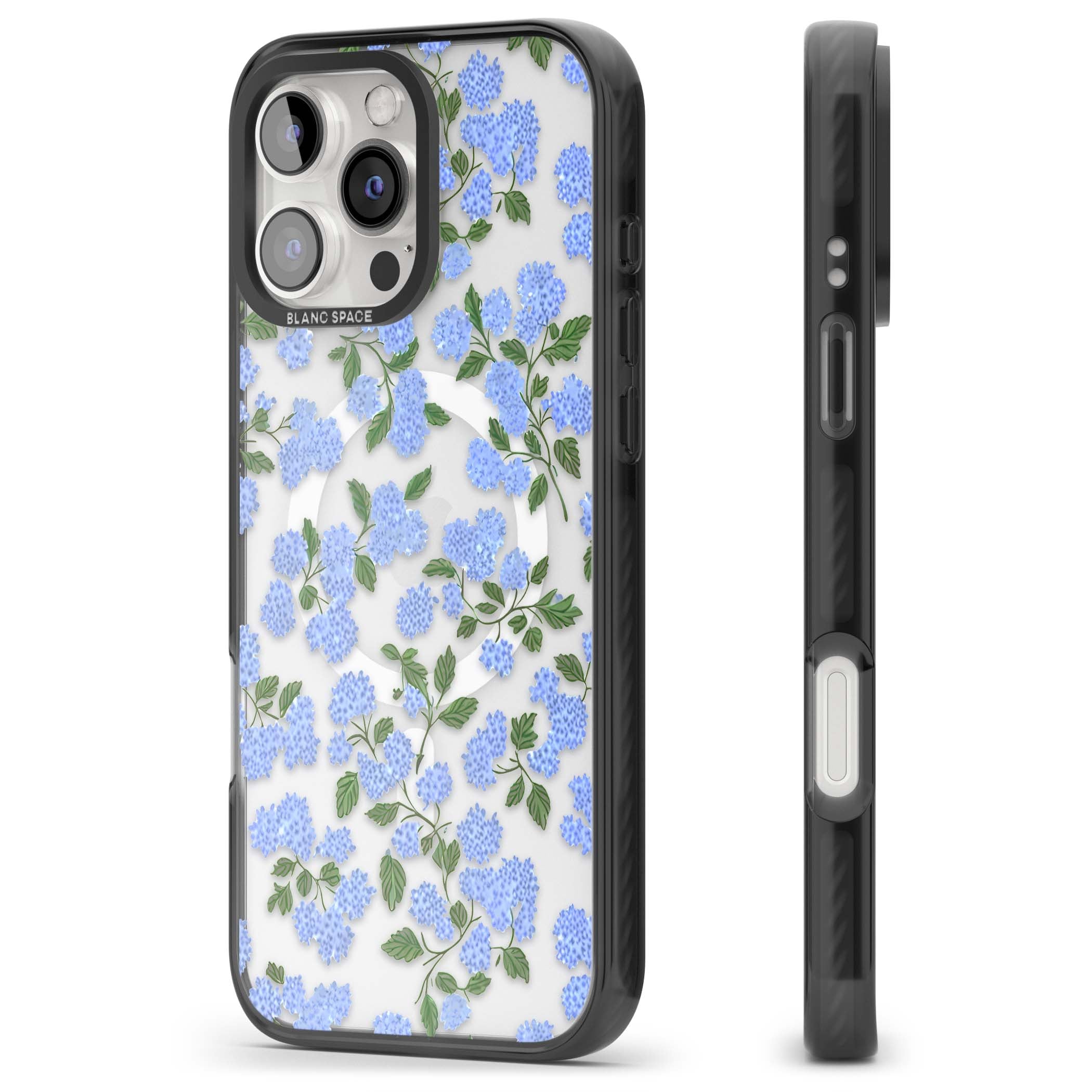 Hydrangea Dreams cottagecore iPhone case featuring soft blue hydrangea flower clusters and green leaves | Black Impact Magsafe case for iPhone 16 Pro, iPhone 16 Pro Max