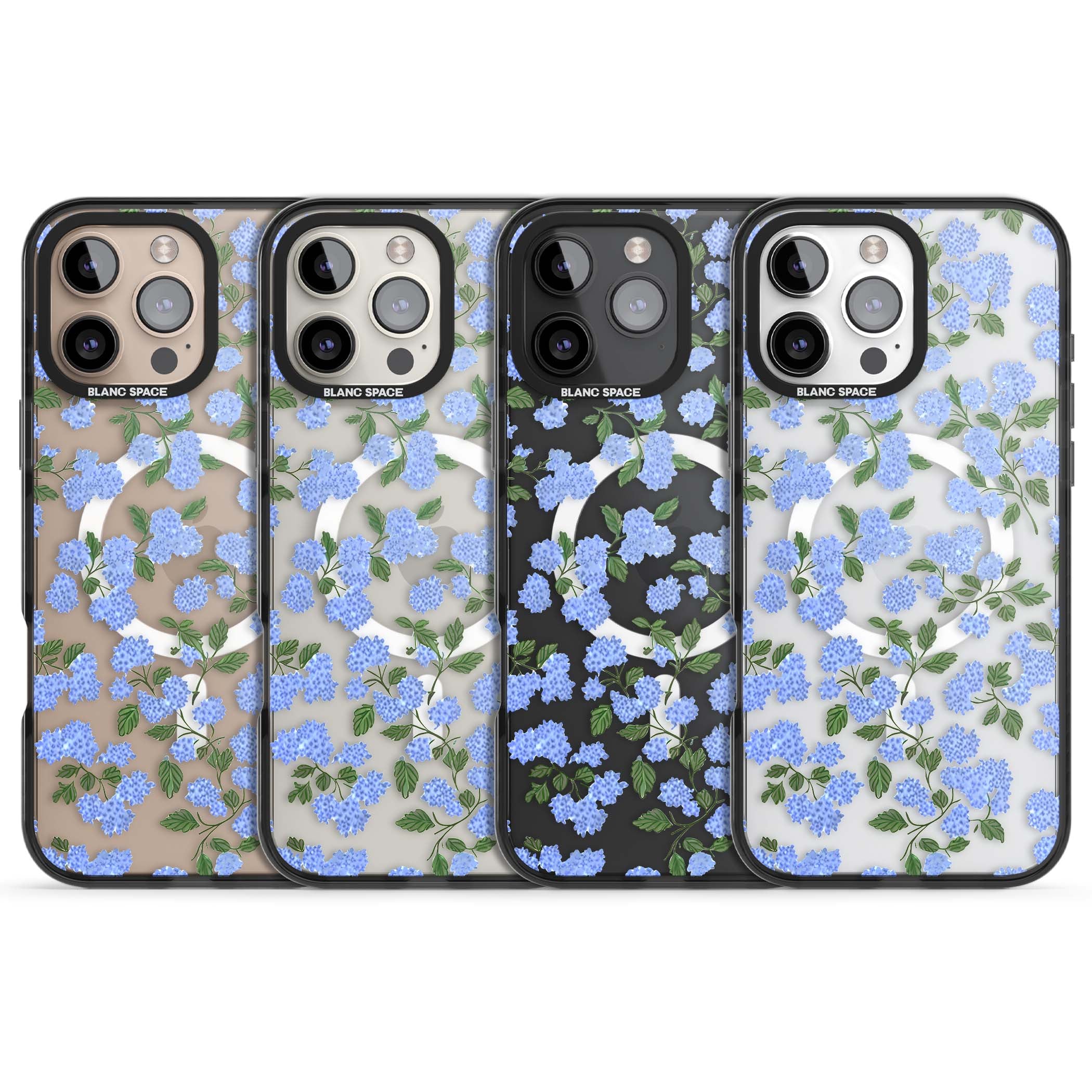 Hydrangea Dreams cottagecore iPhone case featuring soft blue hydrangea flower clusters and green leaves | Black Impact Magsafe case for iPhone 16 Pro, iPhone 16 Pro Max