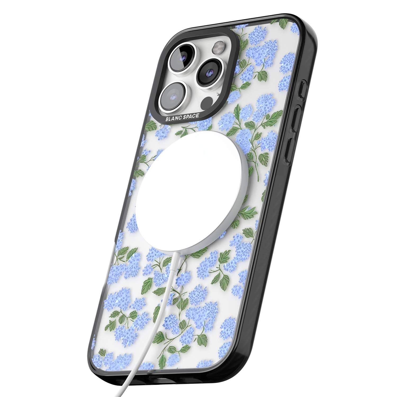 Hydrangea Dreams cottagecore iPhone case featuring soft blue hydrangea flower clusters and green leaves | Black Impact Magsafe case for iPhone 16 Pro, iPhone 16 Pro Max