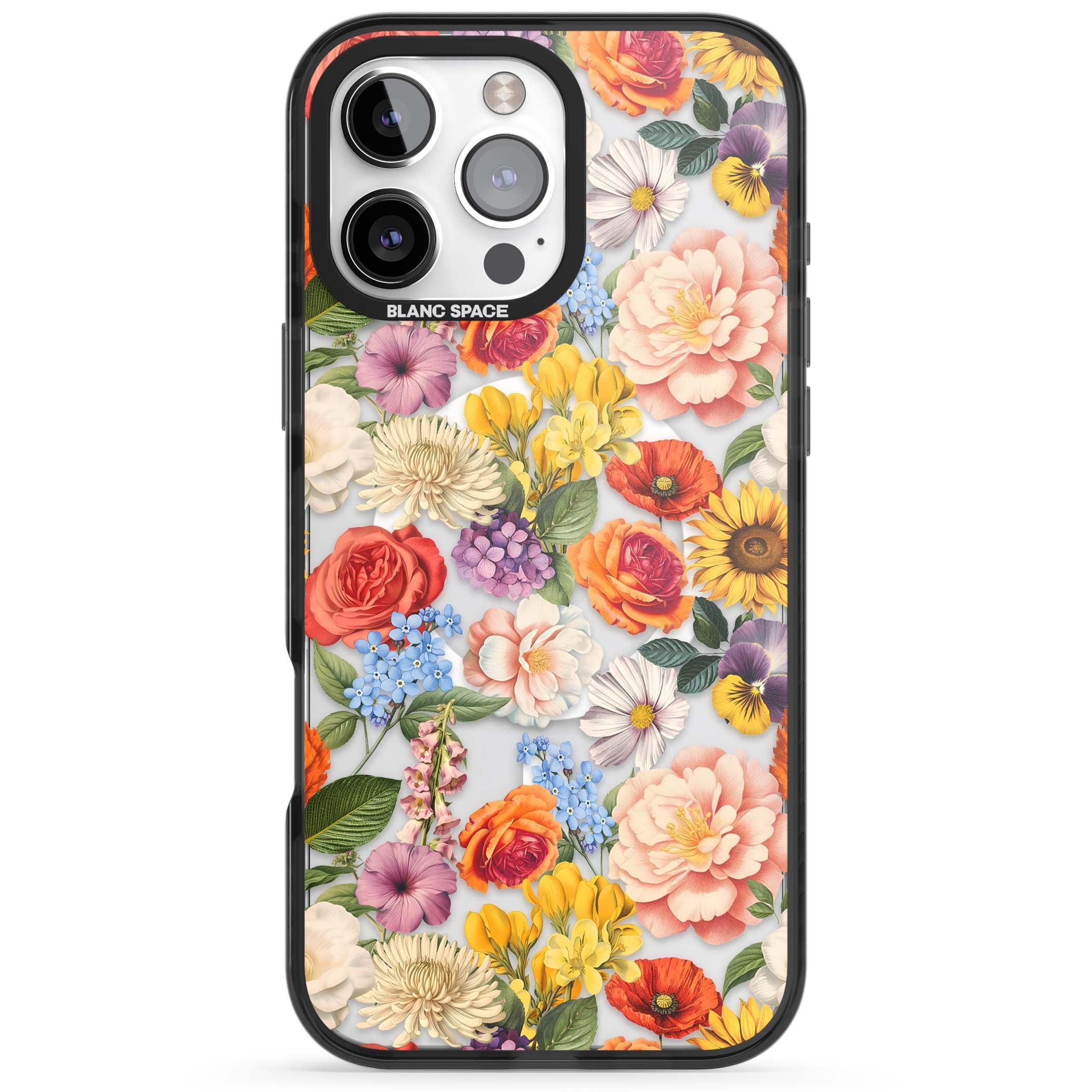 Bloom Basket floral iPhone case featuring cottage garden flowers including peonies, sunflowers, and wildflowers in pastel col | Black Impact Magsafe case for iPhone 16 Pro, iPhone 16 Pro Max