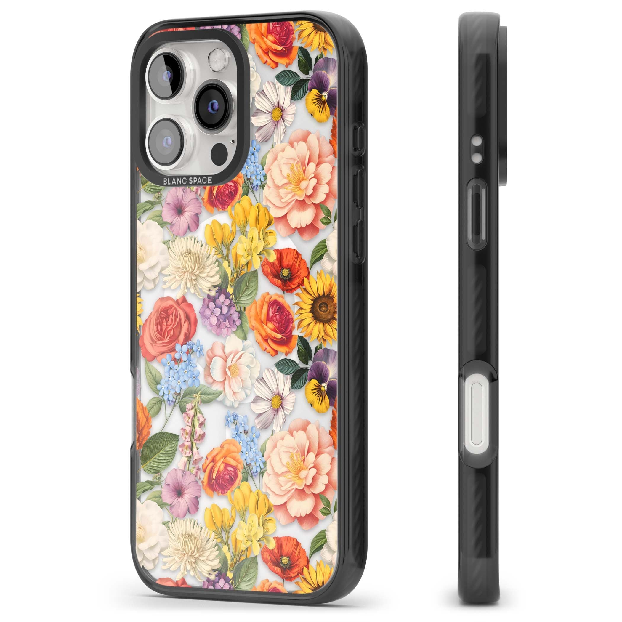 Bloom Basket floral iPhone case featuring cottage garden flowers including peonies, sunflowers, and wildflowers in pastel col | Black Impact Magsafe case for iPhone 16 Pro, iPhone 16 Pro Max