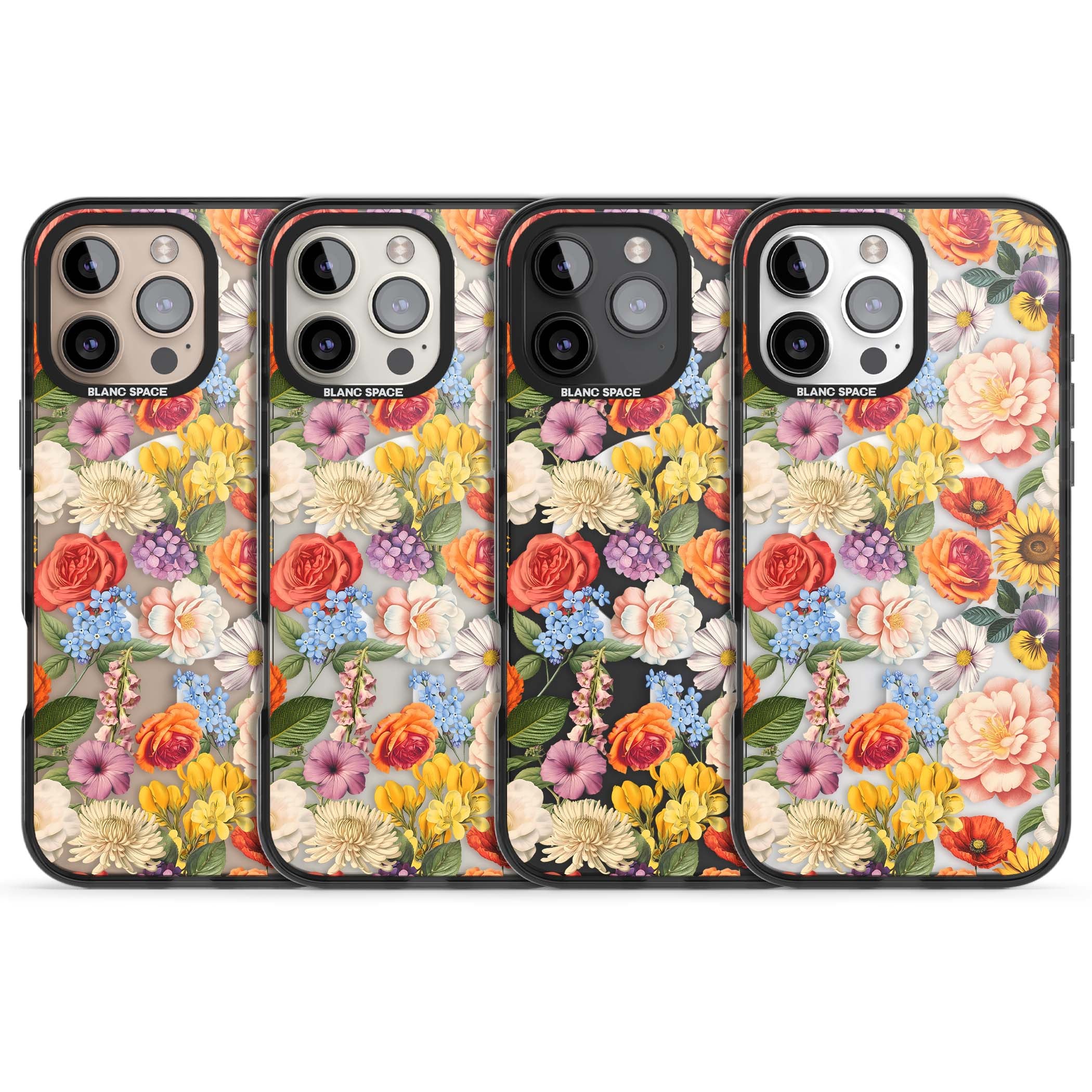 Bloom Basket floral iPhone case featuring cottage garden flowers including peonies, sunflowers, and wildflowers in pastel col | Black Impact Magsafe case for iPhone 16 Pro, iPhone 16 Pro Max