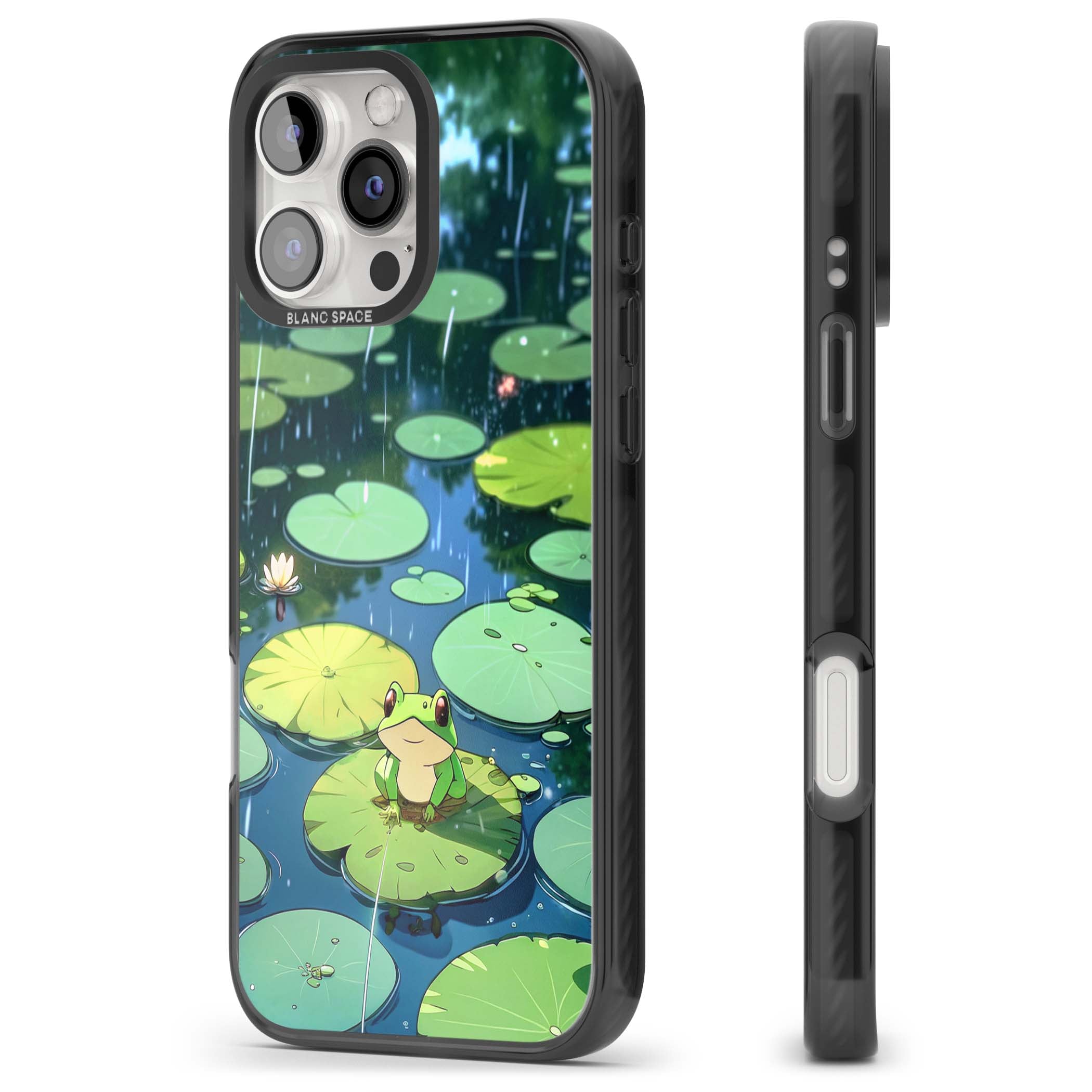 Frog In Lily Pond cottagecore iPhone case featuring a cute green frog on a lily pad with falling rain and a lotus flower | Black Impact Magsafe case for iPhone 16 Pro, iPhone 16 Pro Max