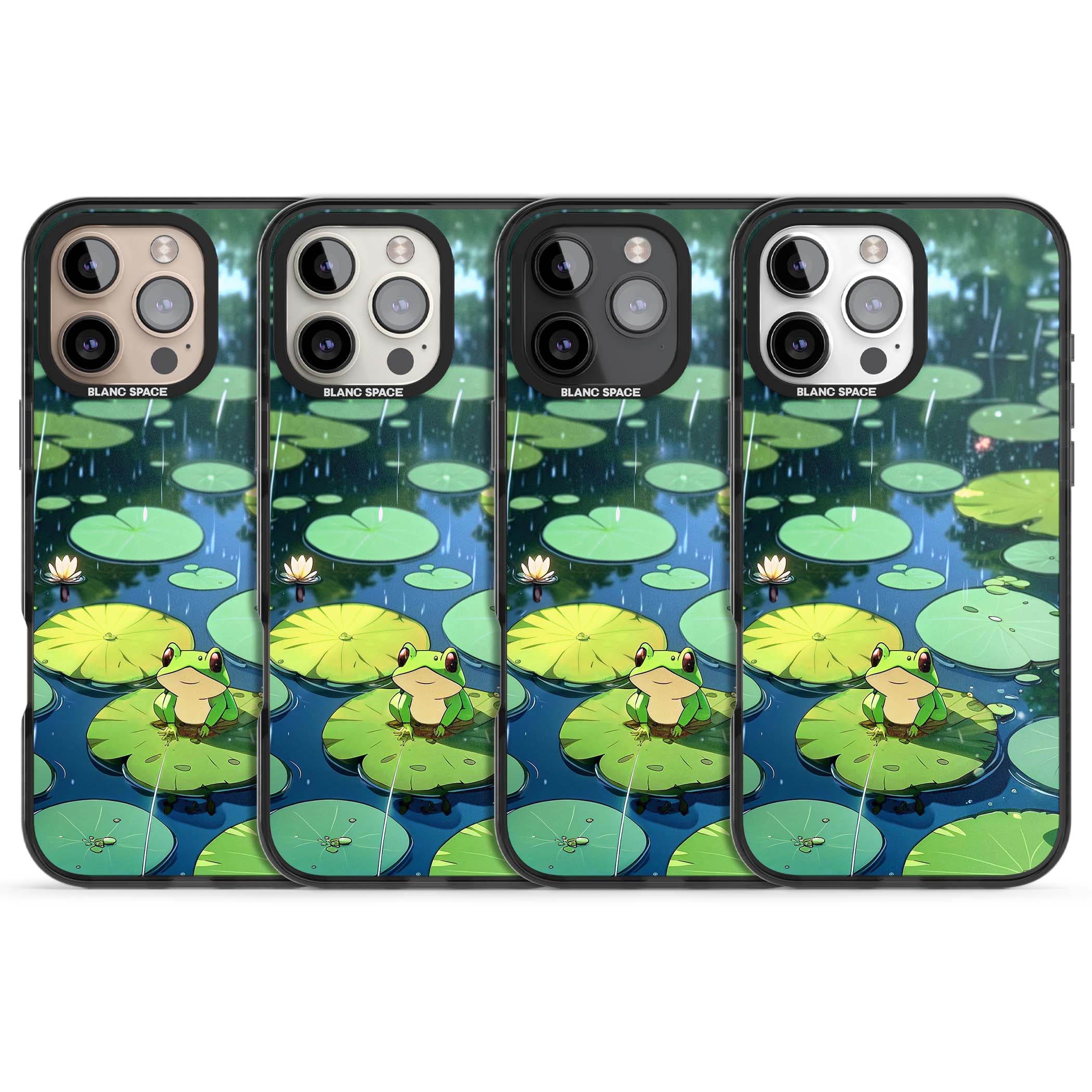 Frog In Lily Pond cottagecore iPhone case featuring a cute green frog on a lily pad with falling rain and a lotus flower | Black Impact Magsafe case for iPhone 16 Pro, iPhone 16 Pro Max