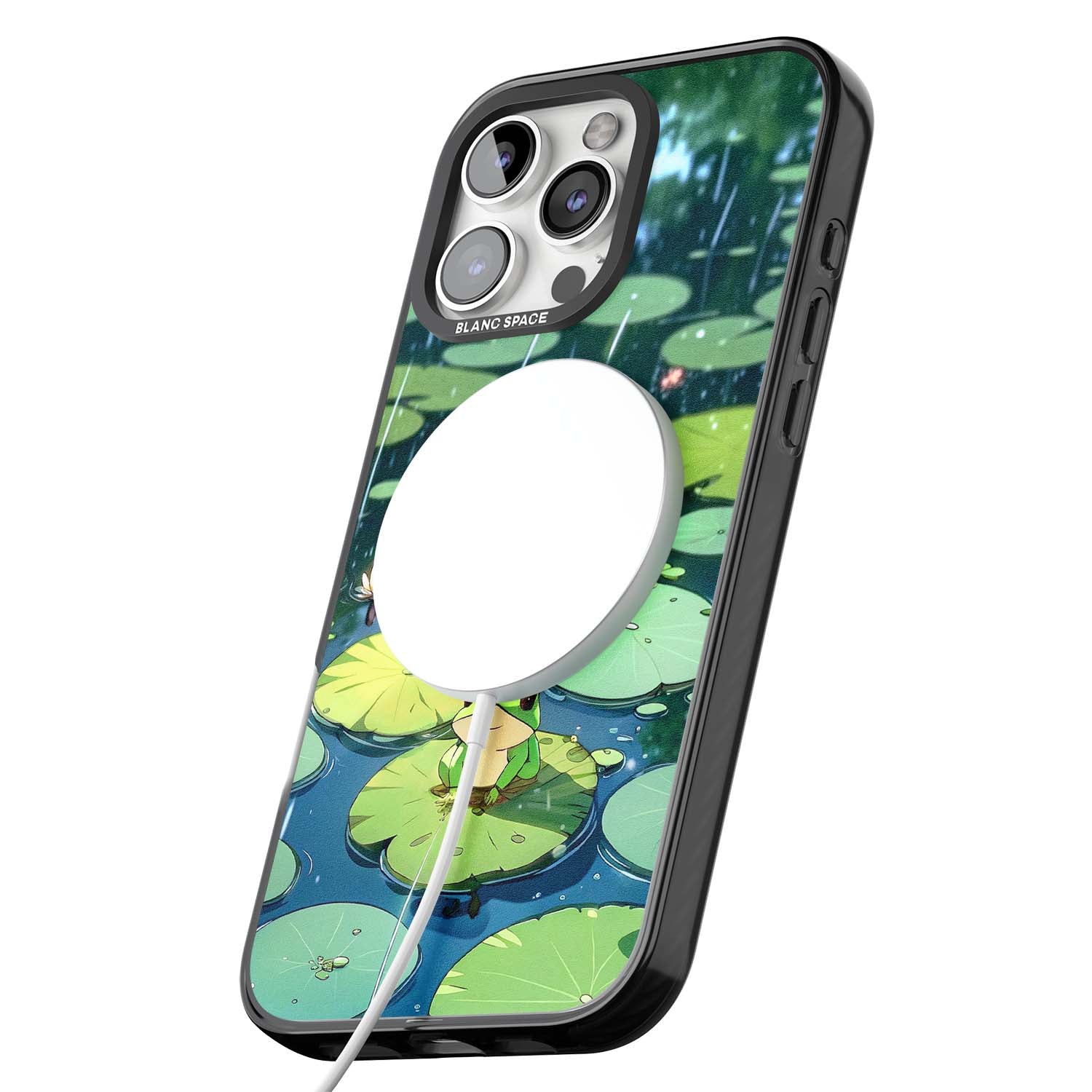 Frog In Lily Pond cottagecore iPhone case featuring a cute green frog on a lily pad with falling rain and a lotus flower | Black Impact Magsafe case for iPhone 16 Pro, iPhone 16 Pro Max