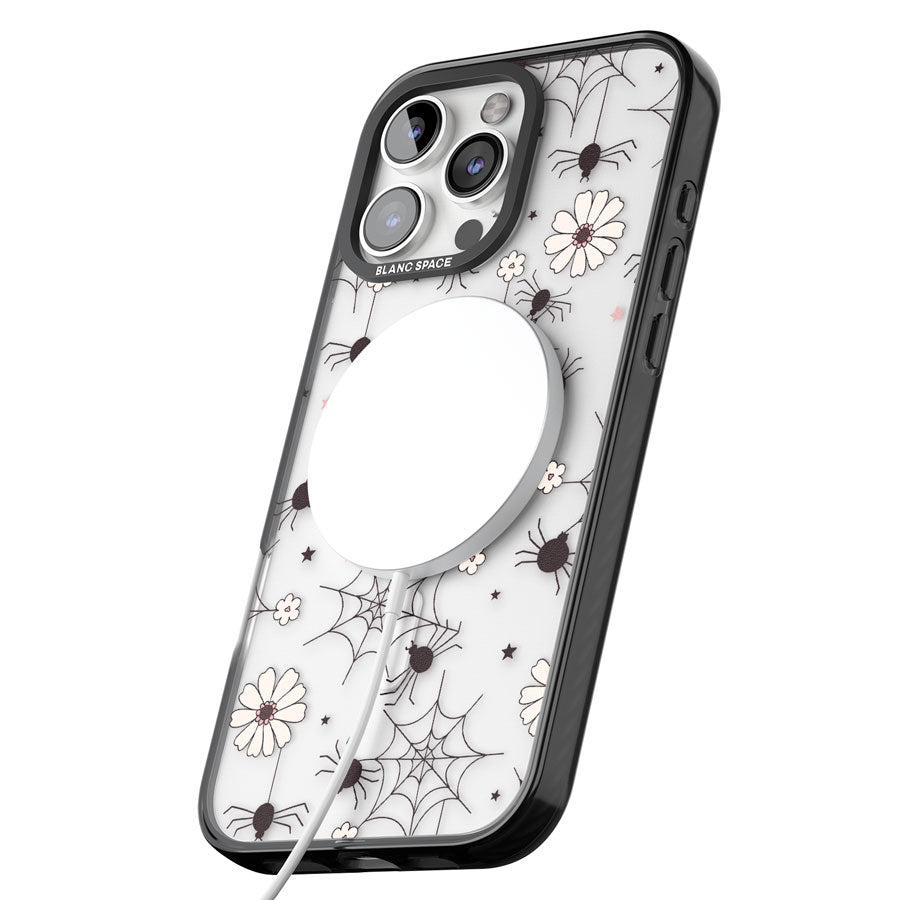 Spiders and Flowers Pattern Black Impact Magsafe Phone Case for iPhone 16 Pro, iPhone 16 Pro Max