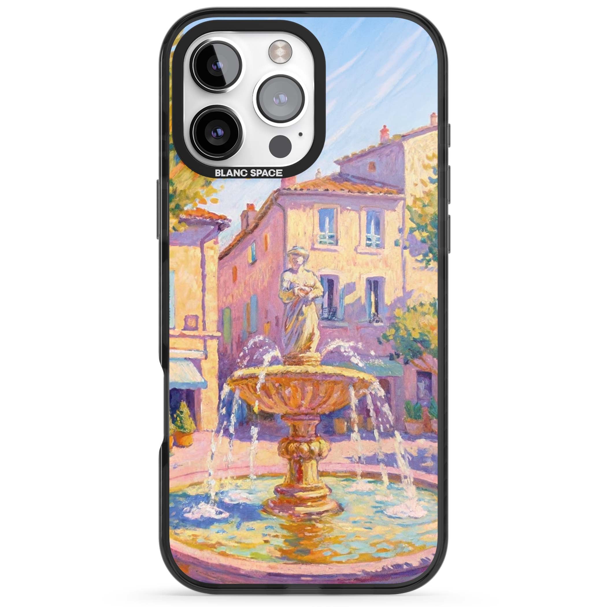 Fountain Square fine art iPhone case featuring an impressionist Provençal fountain, pastel village buildings and summe | Black Impact Magsafe case for iPhone 16 Pro, iPhone 16 Pro Max
