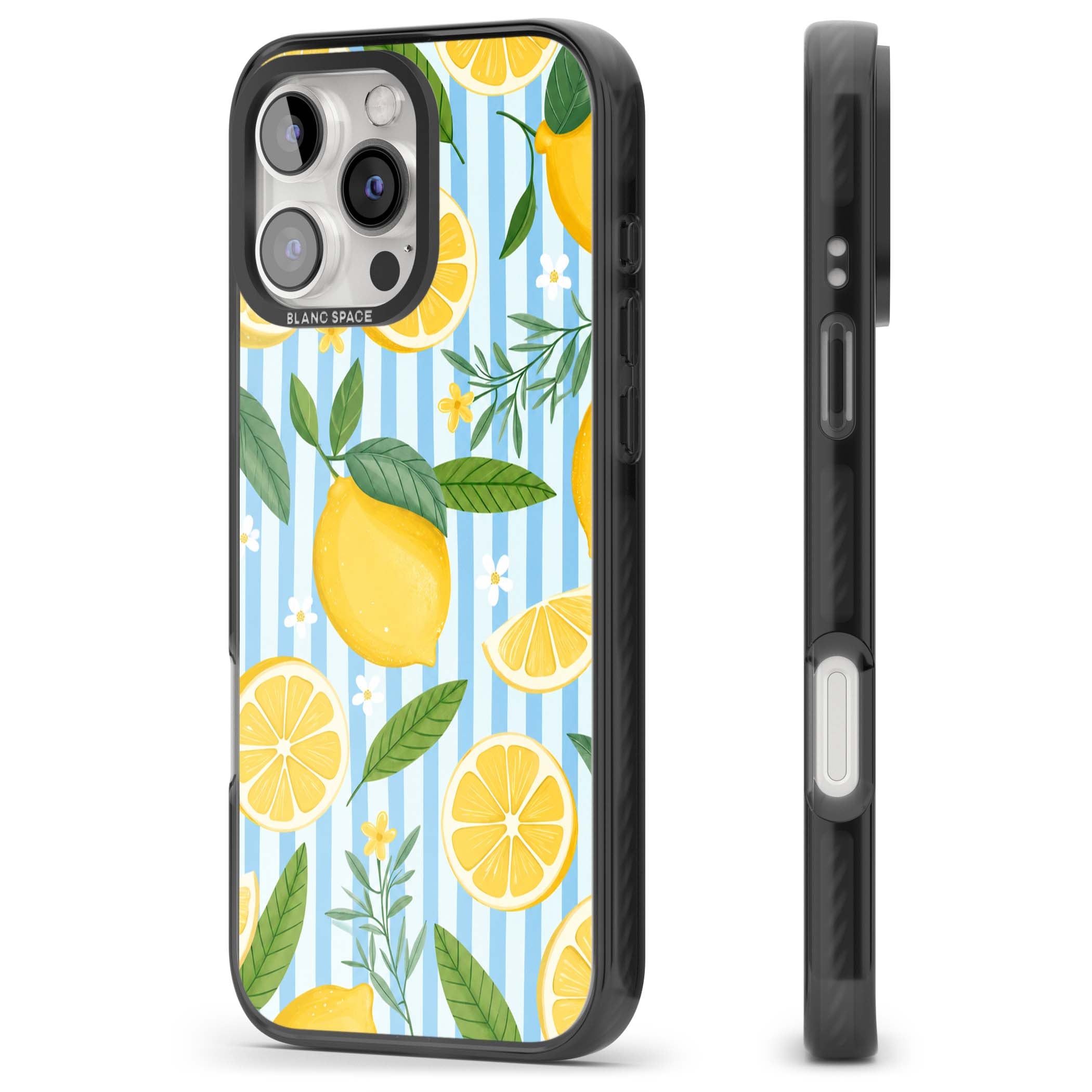 Capri Citrus Stripe coastal iPhone case featuring yellow lemons, blue stripes, and white daisy blossoms | Black Impact Magsafe case for iPhone 16 Pro, iPhone 16 Pro Max