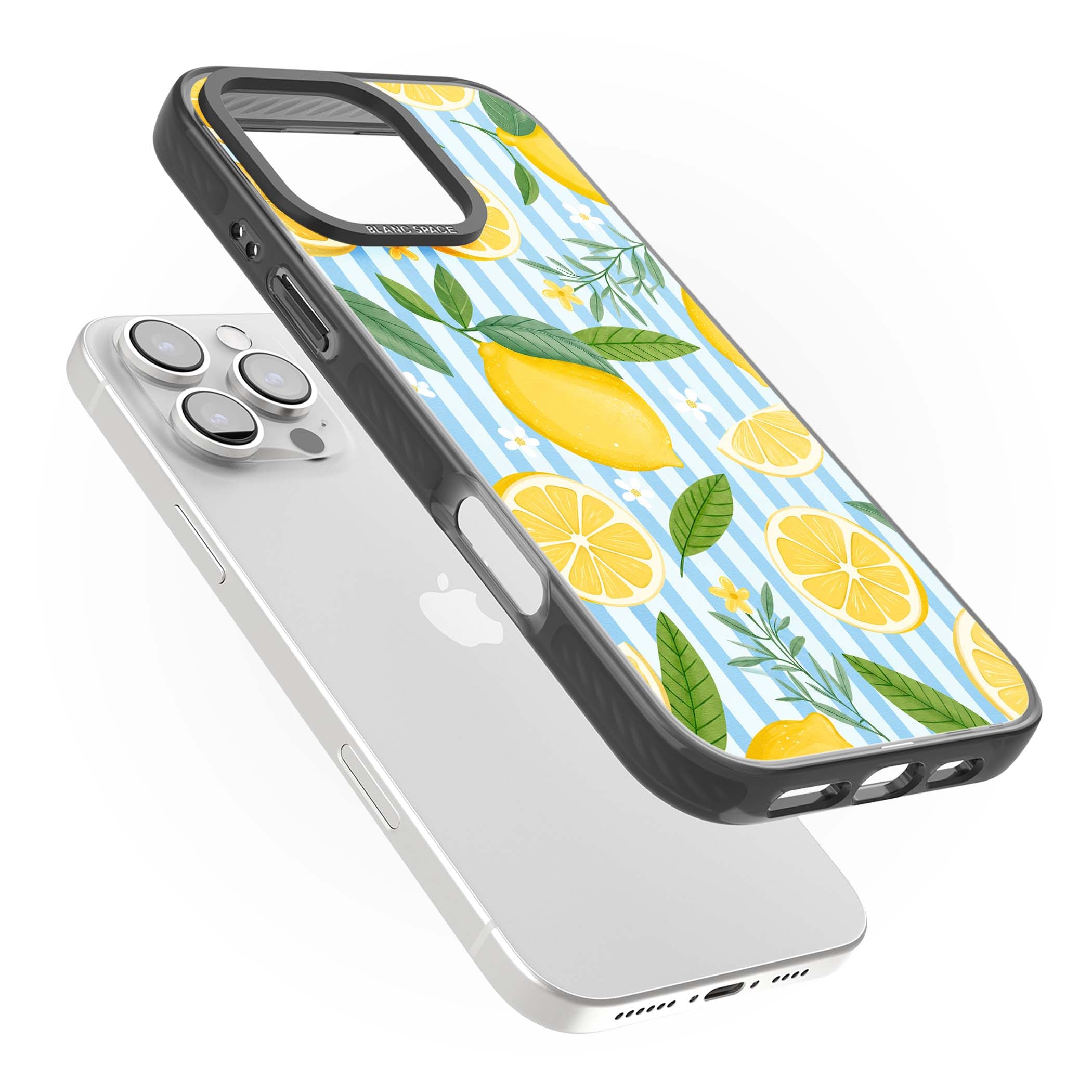 Capri Citrus Stripe coastal iPhone case featuring yellow lemons, blue stripes, and white daisy blossoms | Black Impact Magsafe case for iPhone 16 Pro, iPhone 16 Pro Max
