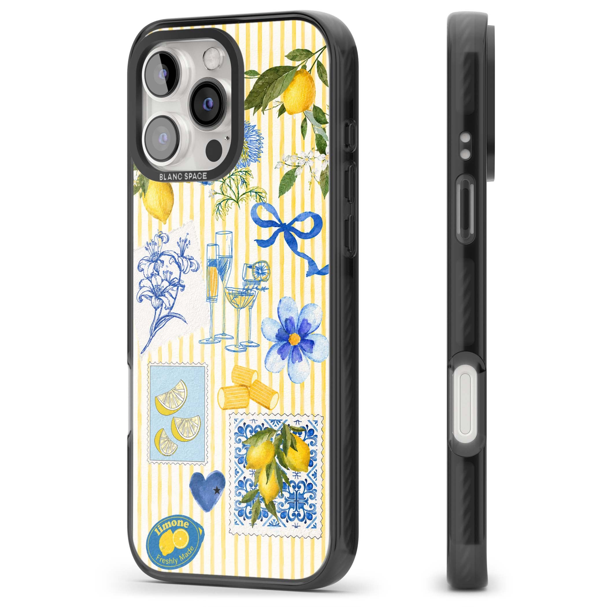 Limone Riviera Italian summer iPhone case featuring watercolour lemons, blue ribbon bows and majolica tile stamps on... | Black Impact Magsafe case for iPhone 16 Pro, iPhone 16 Pro Max