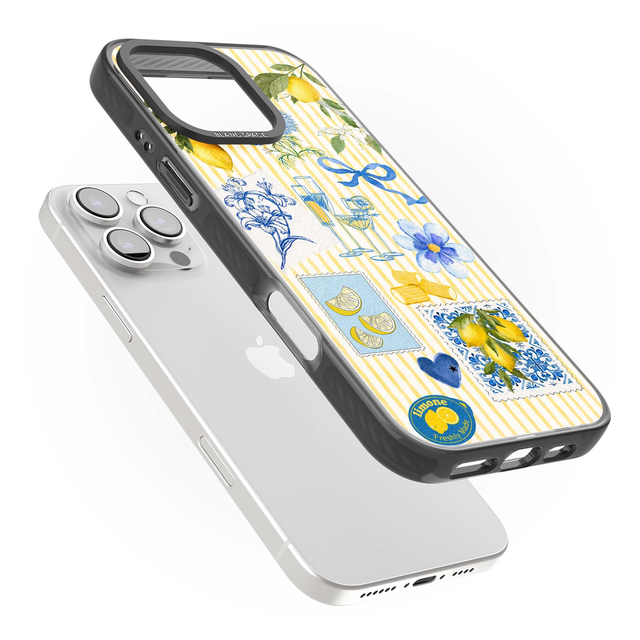 Limone Riviera Italian summer iPhone case featuring watercolour lemons, blue ribbon bows and majolica tile stamps on... | Black Impact Magsafe case for iPhone 16 Pro, iPhone 16 Pro Max