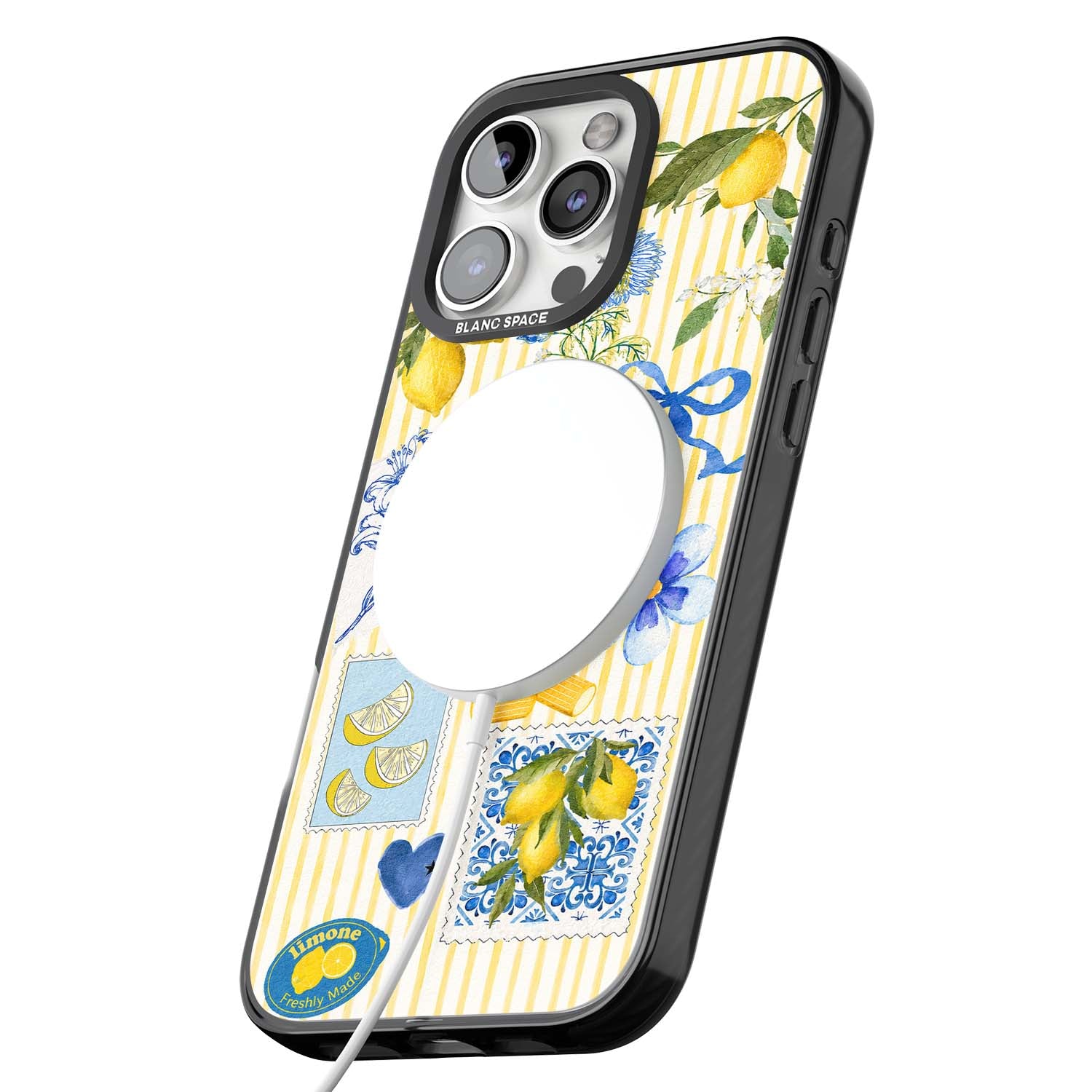 Limone Riviera Italian summer iPhone case featuring watercolour lemons, blue ribbon bows and majolica tile stamps on... | Black Impact Magsafe case for iPhone 16 Pro, iPhone 16 Pro Max