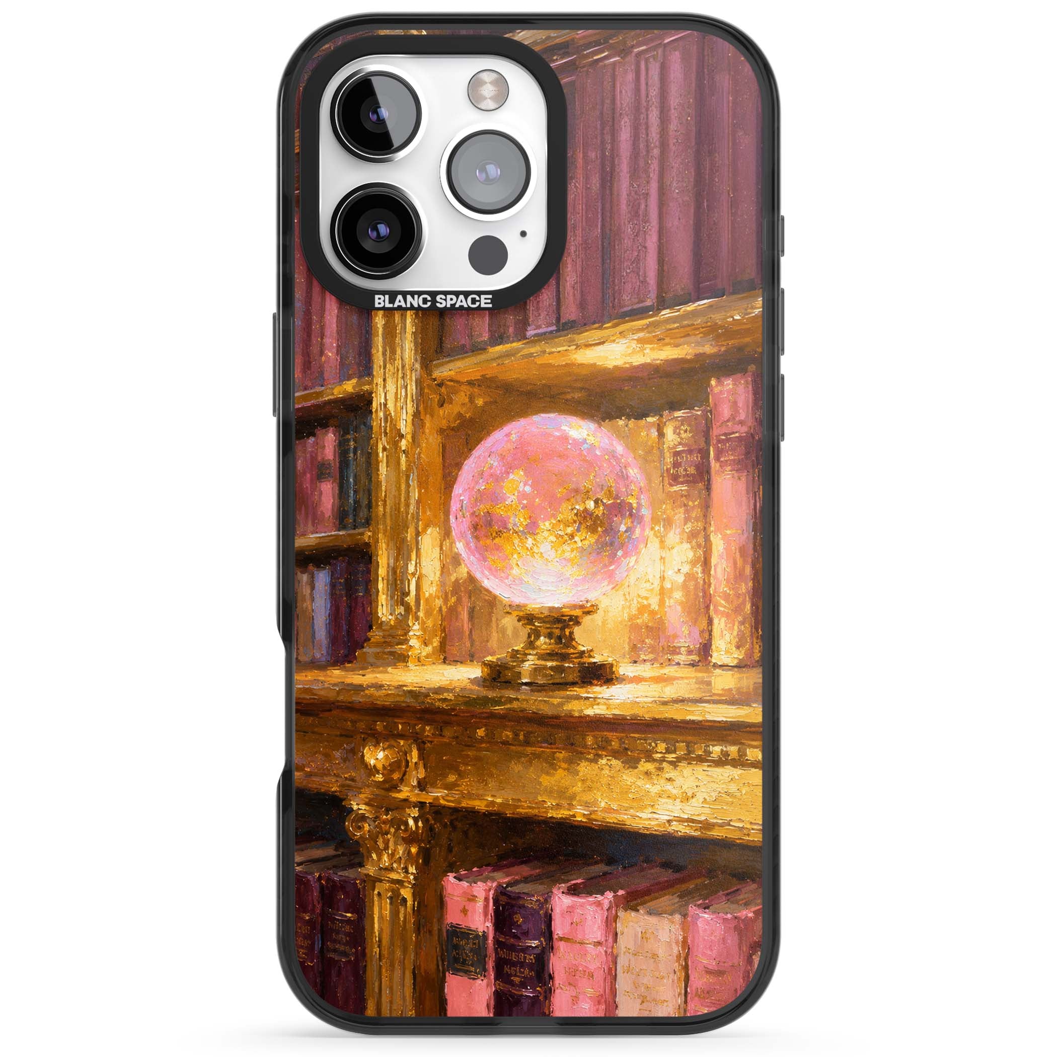Gilded Library dark academia iPhone case featuring an oil painted crystal ball on a gilded library shelf with vintage | Black Impact Magsafe case for iPhone 16 Pro, iPhone 16 Pro Max