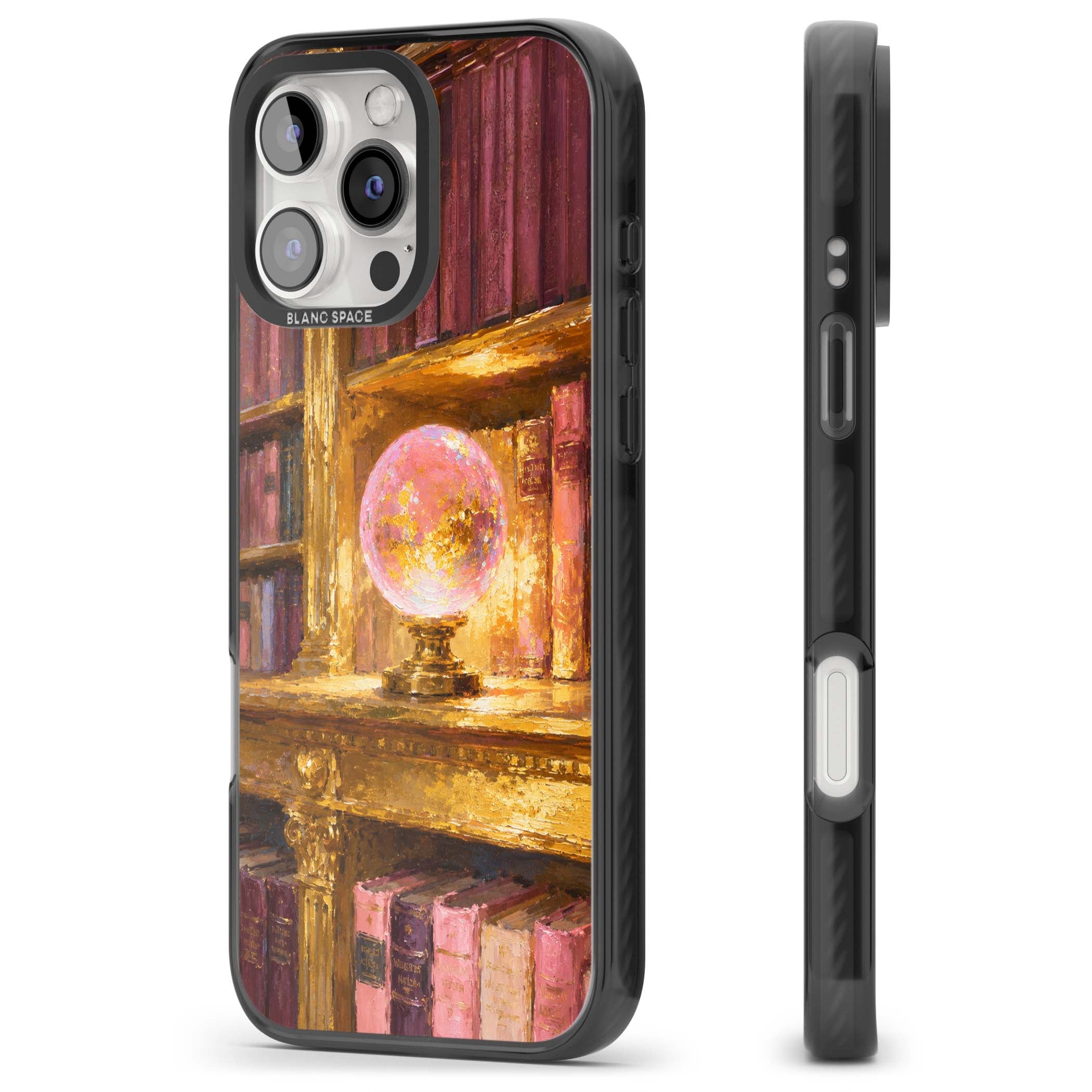 Gilded Library dark academia iPhone case featuring an oil painted crystal ball on a gilded library shelf with vintage | Black Impact Magsafe case for iPhone 16 Pro, iPhone 16 Pro Max