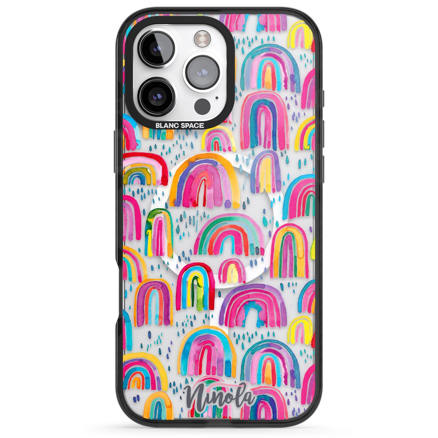 iPhone 16 Pro Max Cute Watercolor Rainbows Black Impact Phone Case