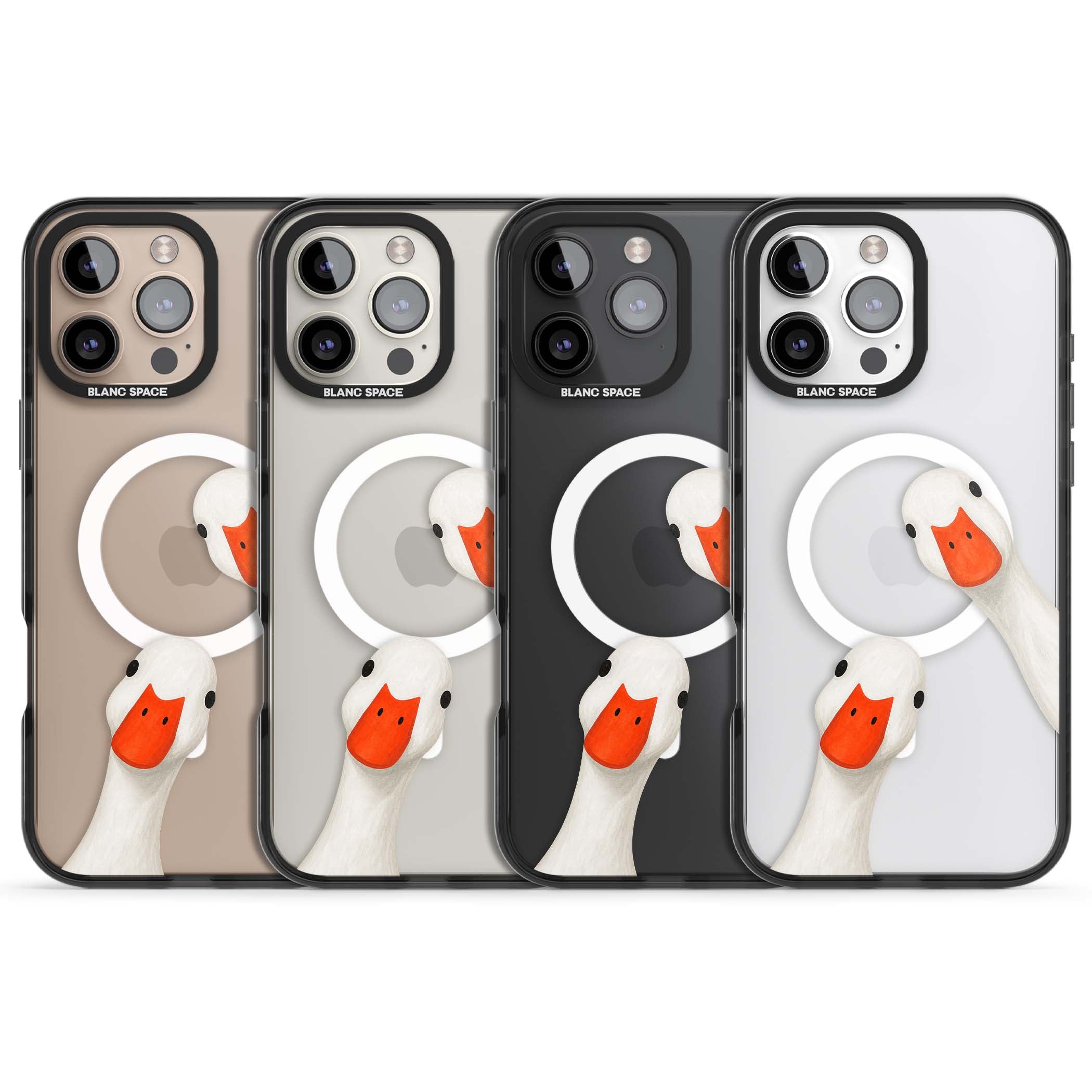Nosy Ducks cottagecore iPhone case featuring two peeking white ducks with orange beaks on a clear background | Black Impact Magsafe case for iPhone 16 Pro, iPhone 16 Pro Max