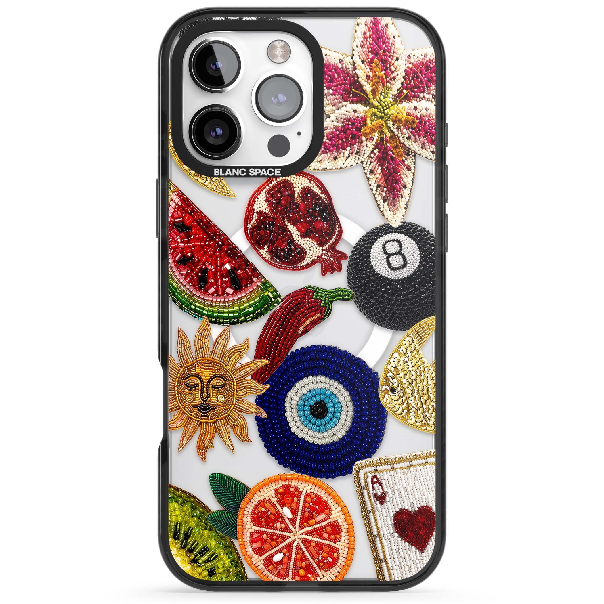Beaded Charms embroidery iPhone case featuring beaded evil eye, fruit patches and a golden sun motif | Black Impact Magsafe case for iPhone 16 Pro, iPhone 16 Pro Max