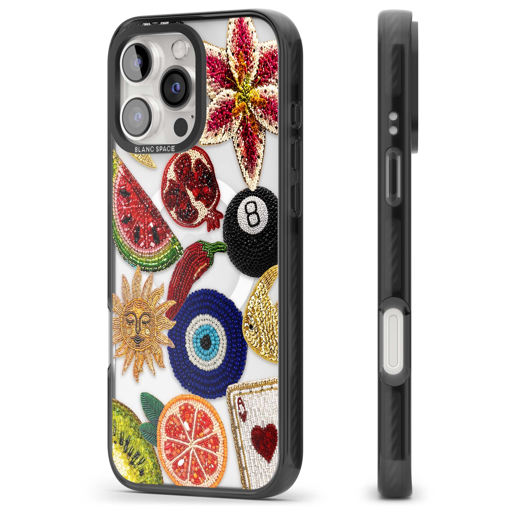 Beaded Charms embroidery iPhone case featuring beaded evil eye, fruit patches and a golden sun motif | Black Impact Magsafe case for iPhone 16 Pro, iPhone 16 Pro Max