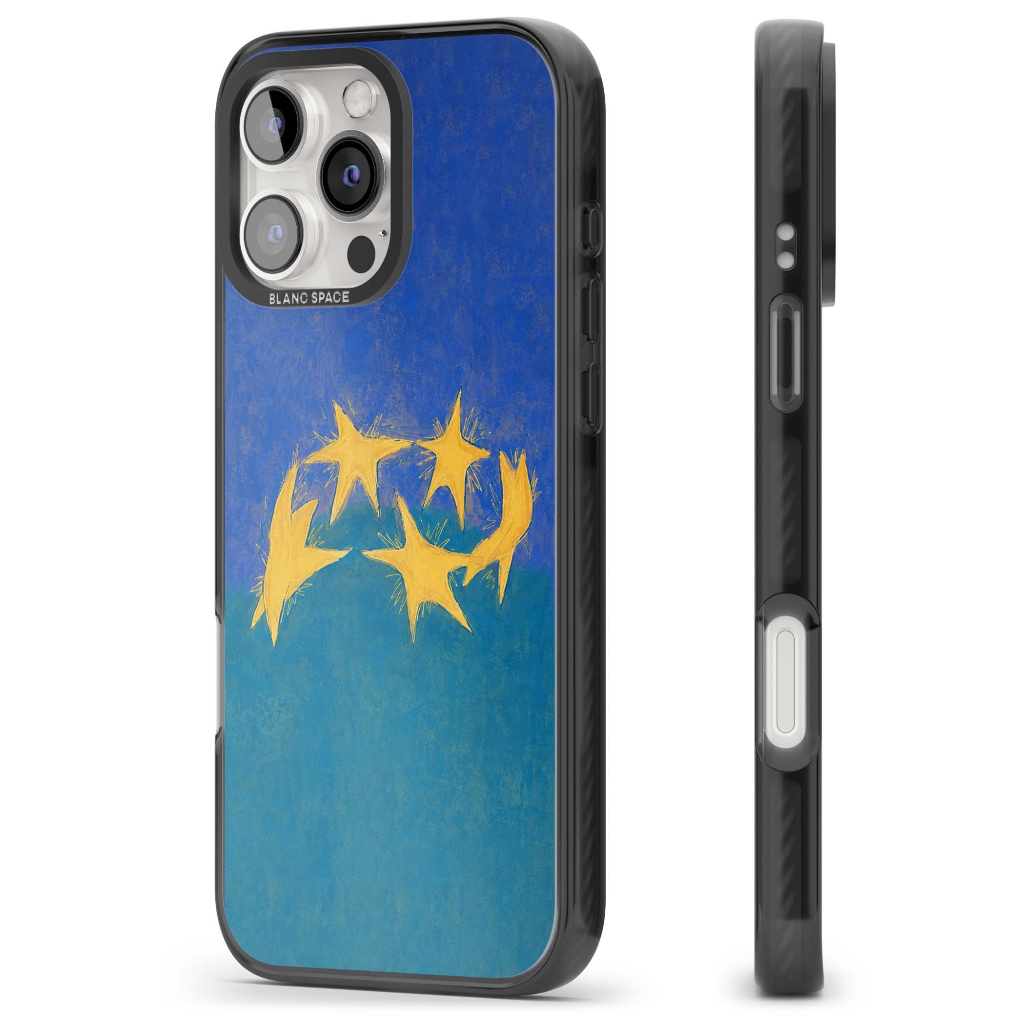 Star Boogie stars aesthetic iPhone case featuring five yellow hand-painted stars on cobalt blue and teal | Black Impact Magsafe case for iPhone 16 Pro, iPhone 16 Pro Max