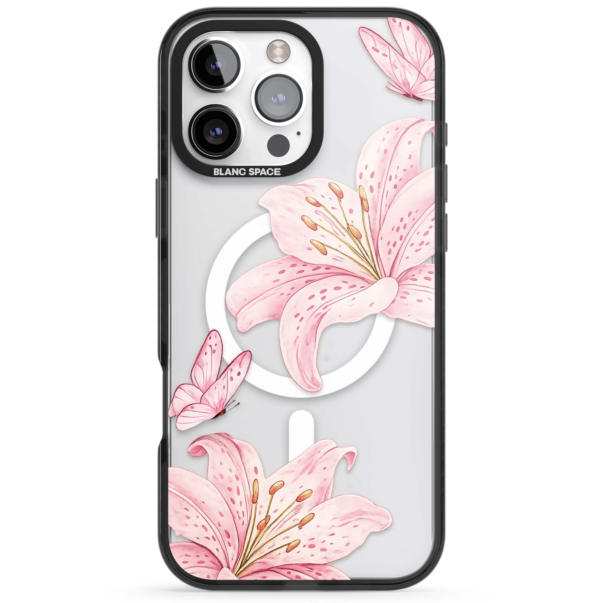 Lily Whisper floral iPhone case featuring pink watercolour lilies and delicate butterflies on a clear background | Black Impact Magsafe case for iPhone 16 Pro, iPhone 16 Pro Max