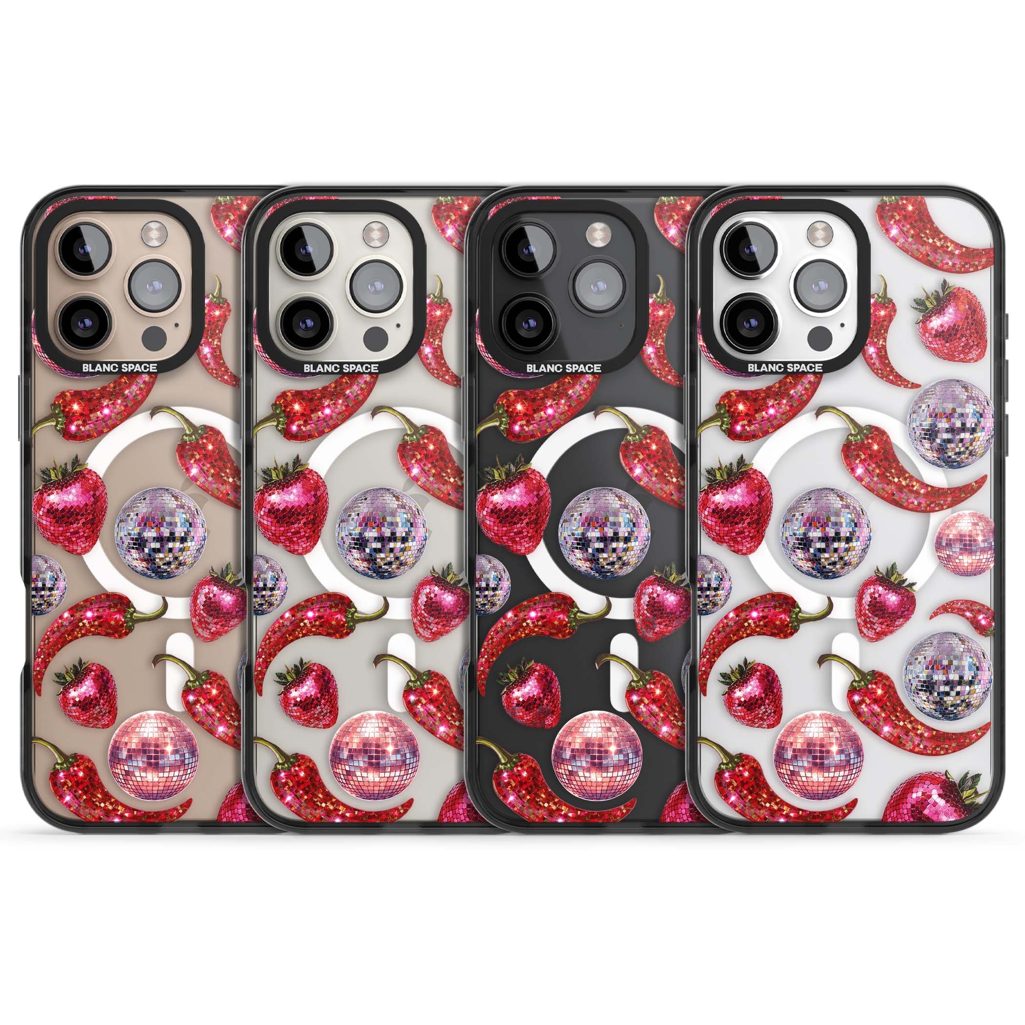 Spicy Disco Y2K iPhone case featuring glitter disco balls, sparkly strawberries and red chilli peppers | Black Impact Magsafe case for iPhone 16 Pro, iPhone 16 Pro Max