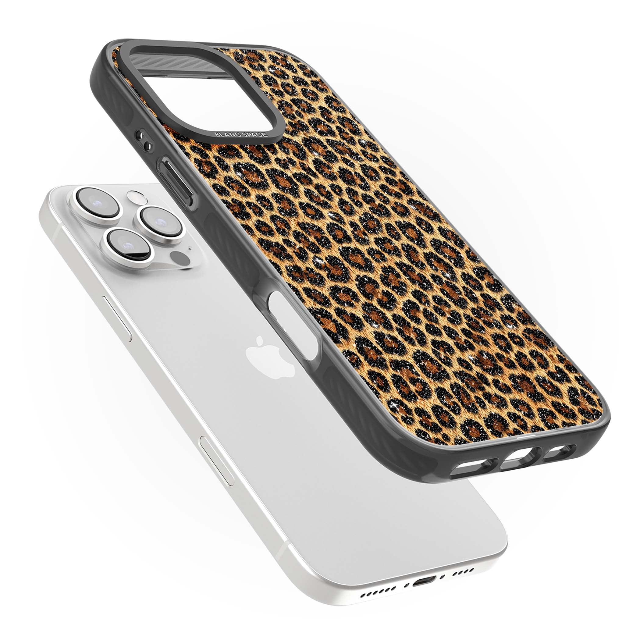 Diamond Leopard leopard print iPhone case featuring golden tan fur, black rosette spots and subtle glitter sparkle | Black Impact Magsafe case for iPhone 16 Pro, iPhone 16 Pro Max