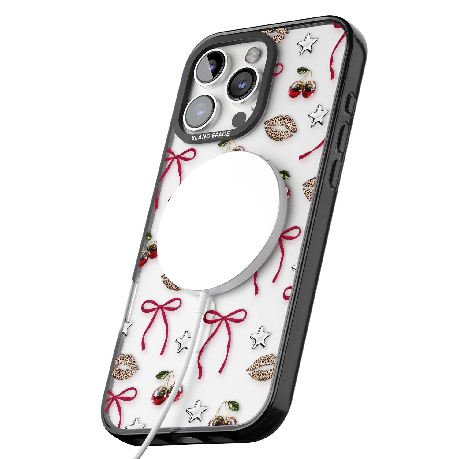 Starlet coquette iPhone case featuring red ribbon bows, disco cherries and leopard-print lips | Black Impact Magsafe case for iPhone 16 Pro, iPhone 16 Pro Max