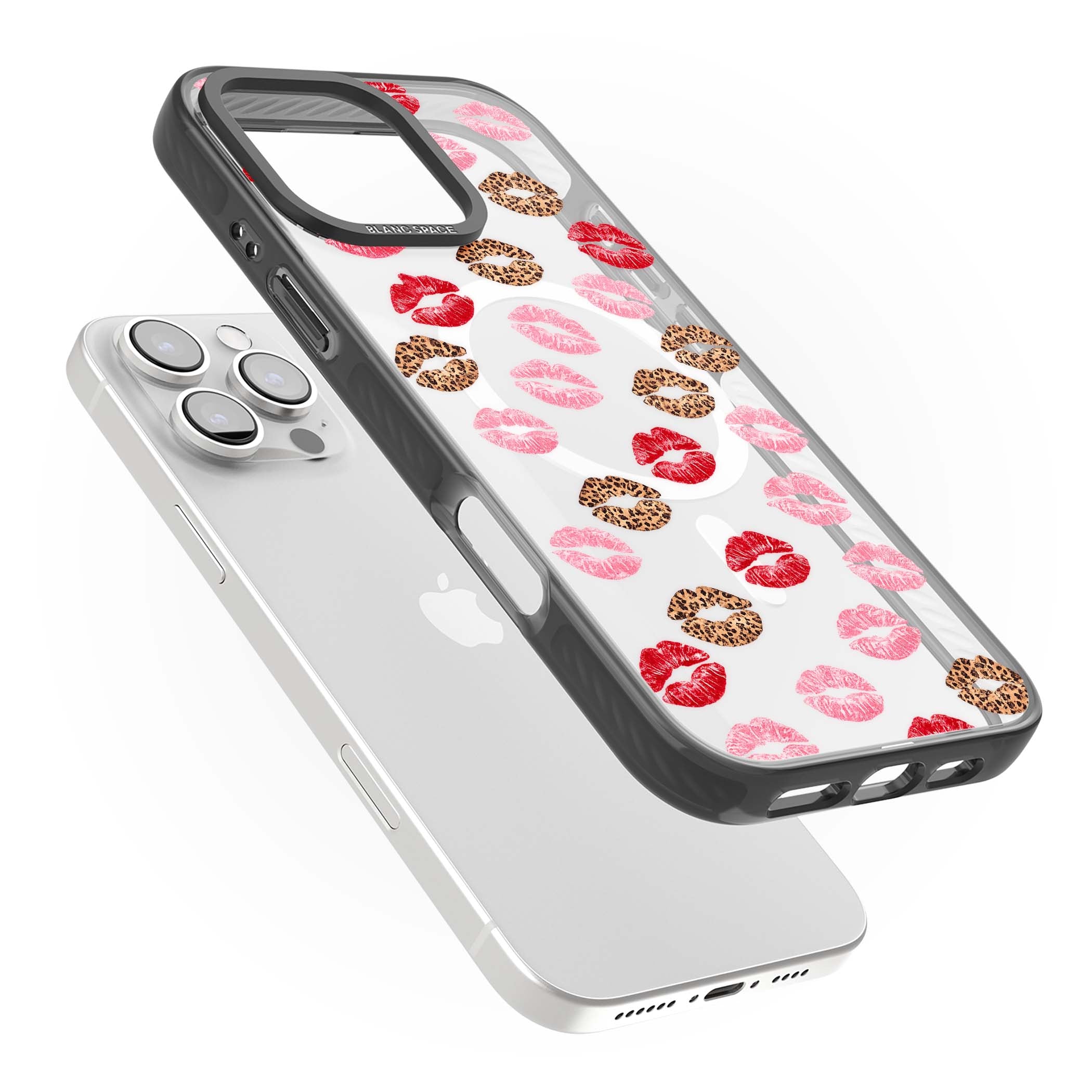Wild Kisses coquette iPhone case featuring red, pink and leopard print lipstick kiss marks on a clear background | Black Impact Magsafe case for iPhone 16 Pro, iPhone 16 Pro Max