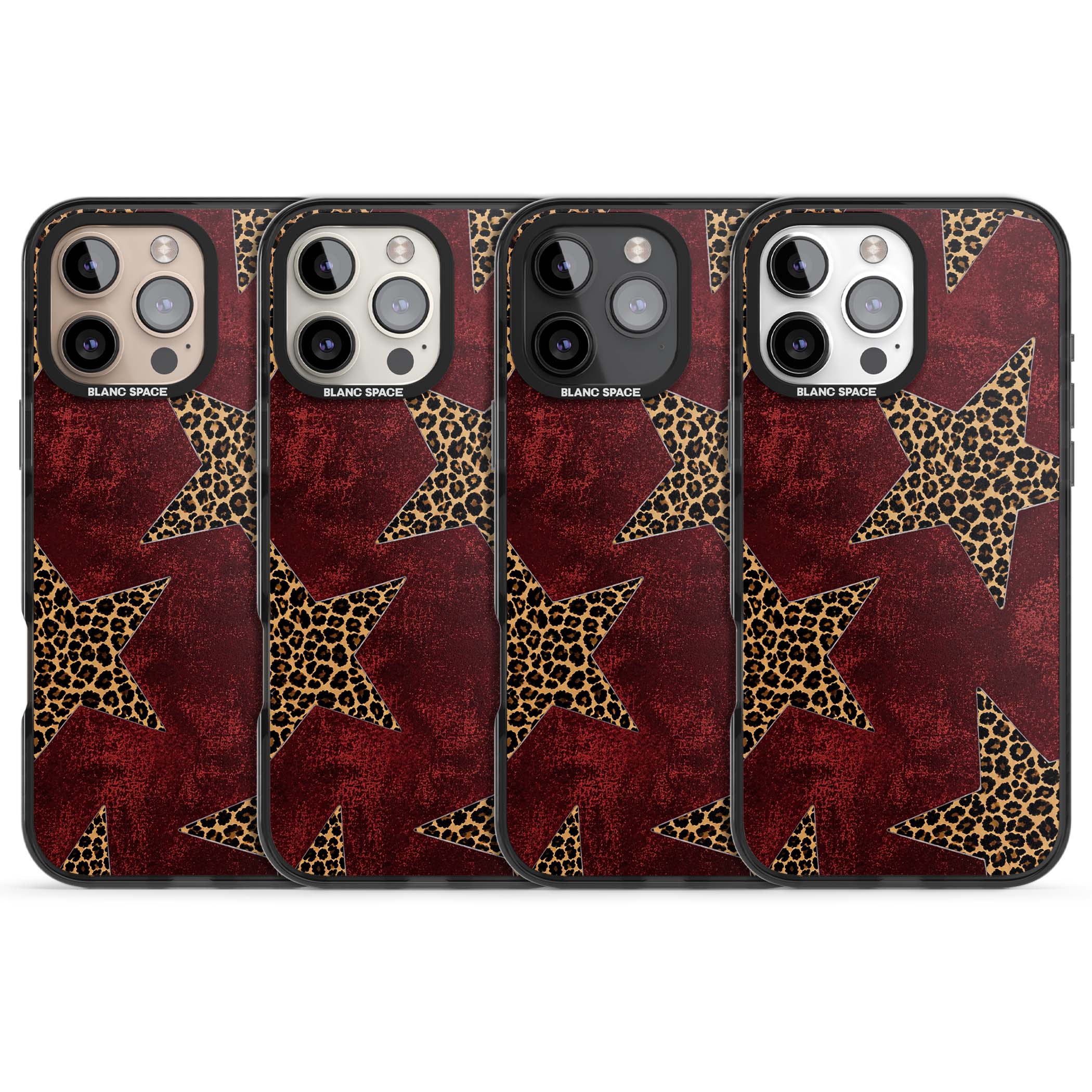 Showgirl leopard print iPhone case featuring cheetah print stars on distressed red grunge background | Black Impact Magsafe case for iPhone 16 Pro, iPhone 16 Pro Max