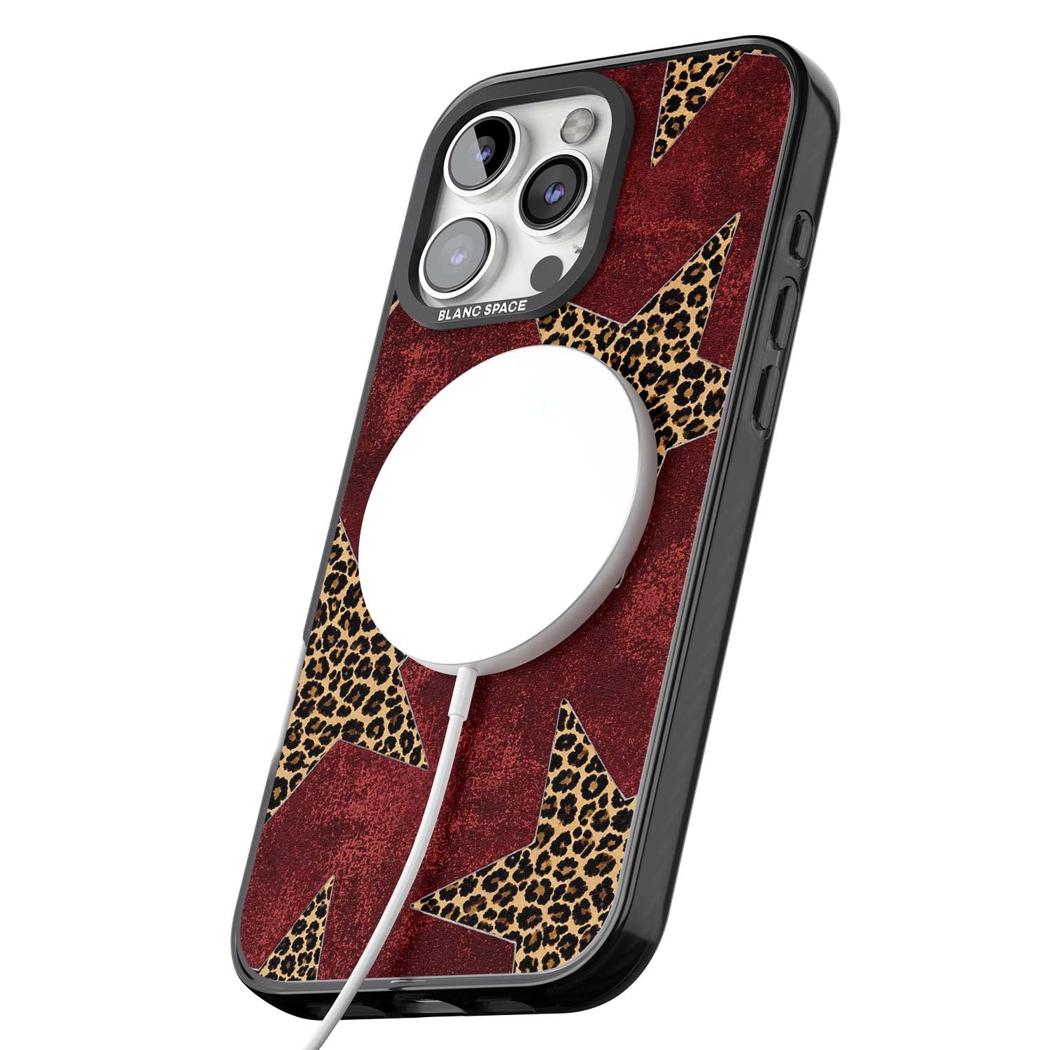 Showgirl leopard print iPhone case featuring cheetah print stars on distressed red grunge background | Black Impact Magsafe case for iPhone 16 Pro, iPhone 16 Pro Max