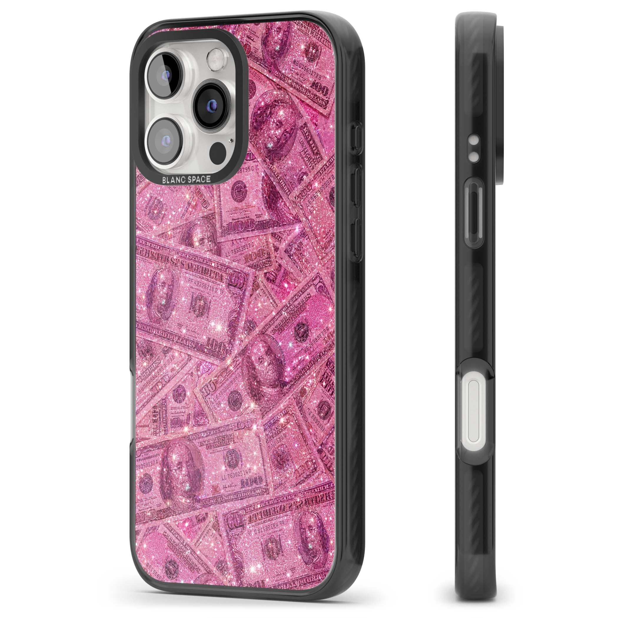 Glamorous baddie iPhone case featuring pink glitter hundred dollar bills and sparkling money wallpaper design | Black Impact Magsafe case for iPhone 16 Pro, iPhone 16 Pro Max