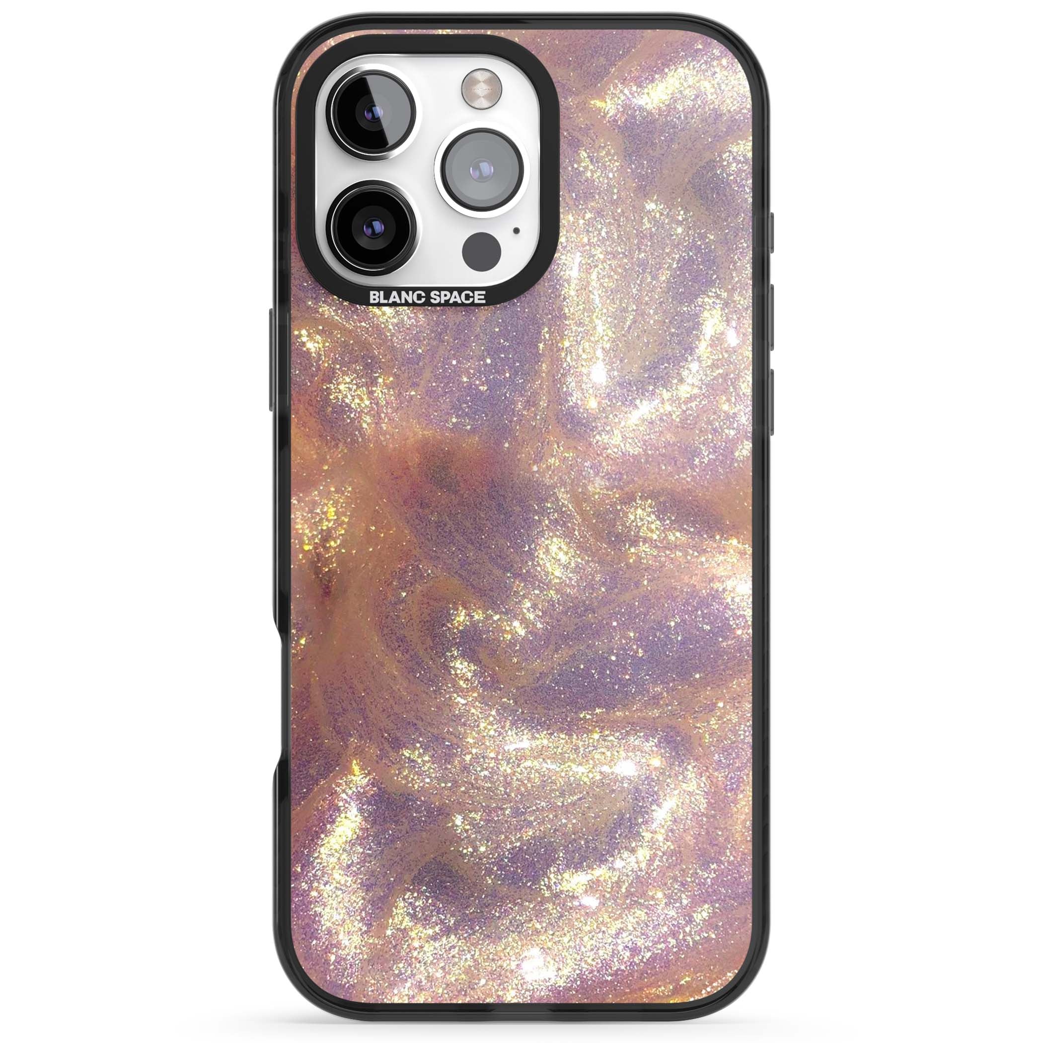 Shimmer marble iPhone case featuring rose gold glitter swirls, lilac shimmer and iridescent pearl finish | Black Impact Magsafe case for iPhone 16 Pro, iPhone 16 Pro Max