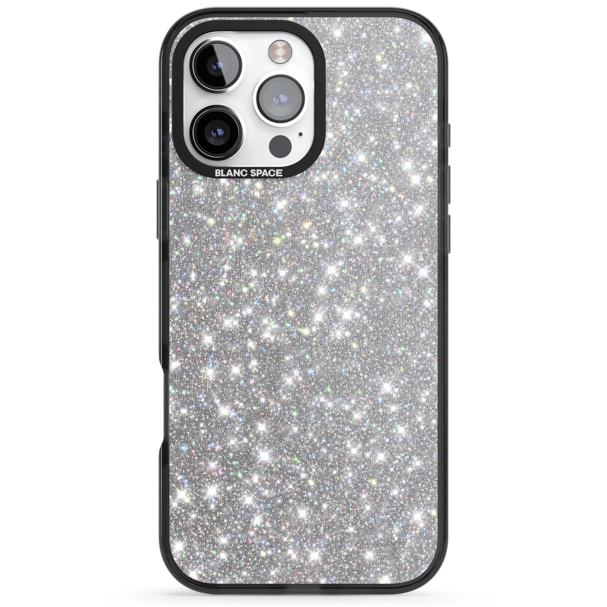 Diamond glam iPhone case featuring silver glitter sparkle and shimmering diamond dust effect | Black Impact Magsafe case for iPhone 16 Pro, iPhone 16 Pro Max