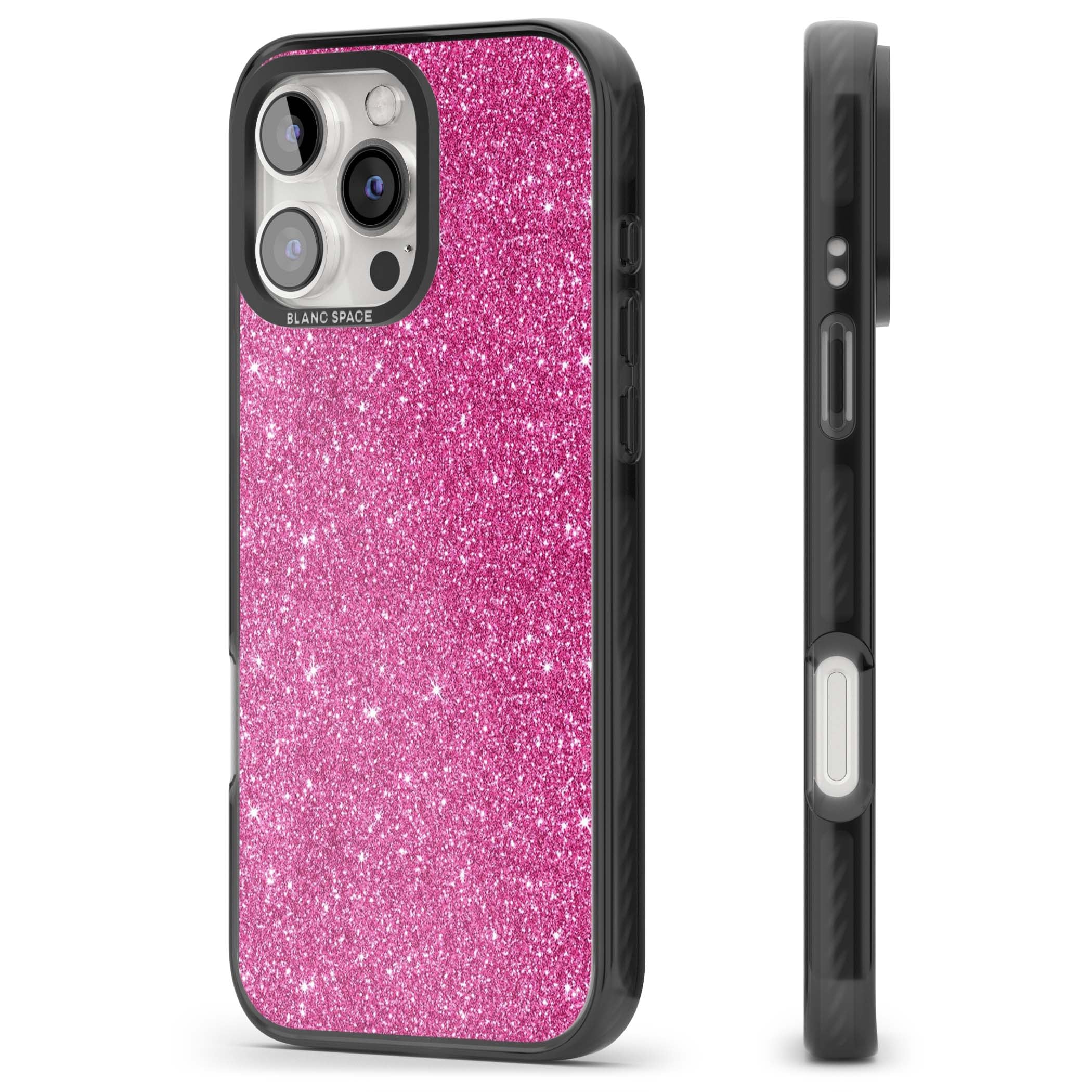 Pink Glitter Y2K iPhone case featuring hot pink glitter wallpaper with sparkle shimmer effect | Black Impact Magsafe case for iPhone 16 Pro, iPhone 16 Pro Max